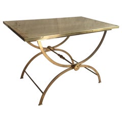 Vintage Midcentury French Rectangular Polished Brass Side Table with Curved X-Base Legs
