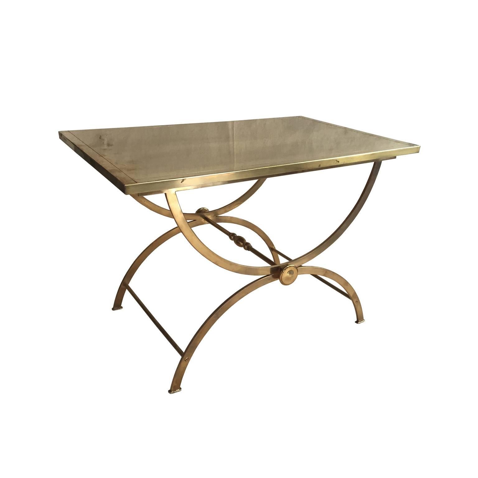 Midcentury French Rectangular Polished Brass Side Table with Curved X
