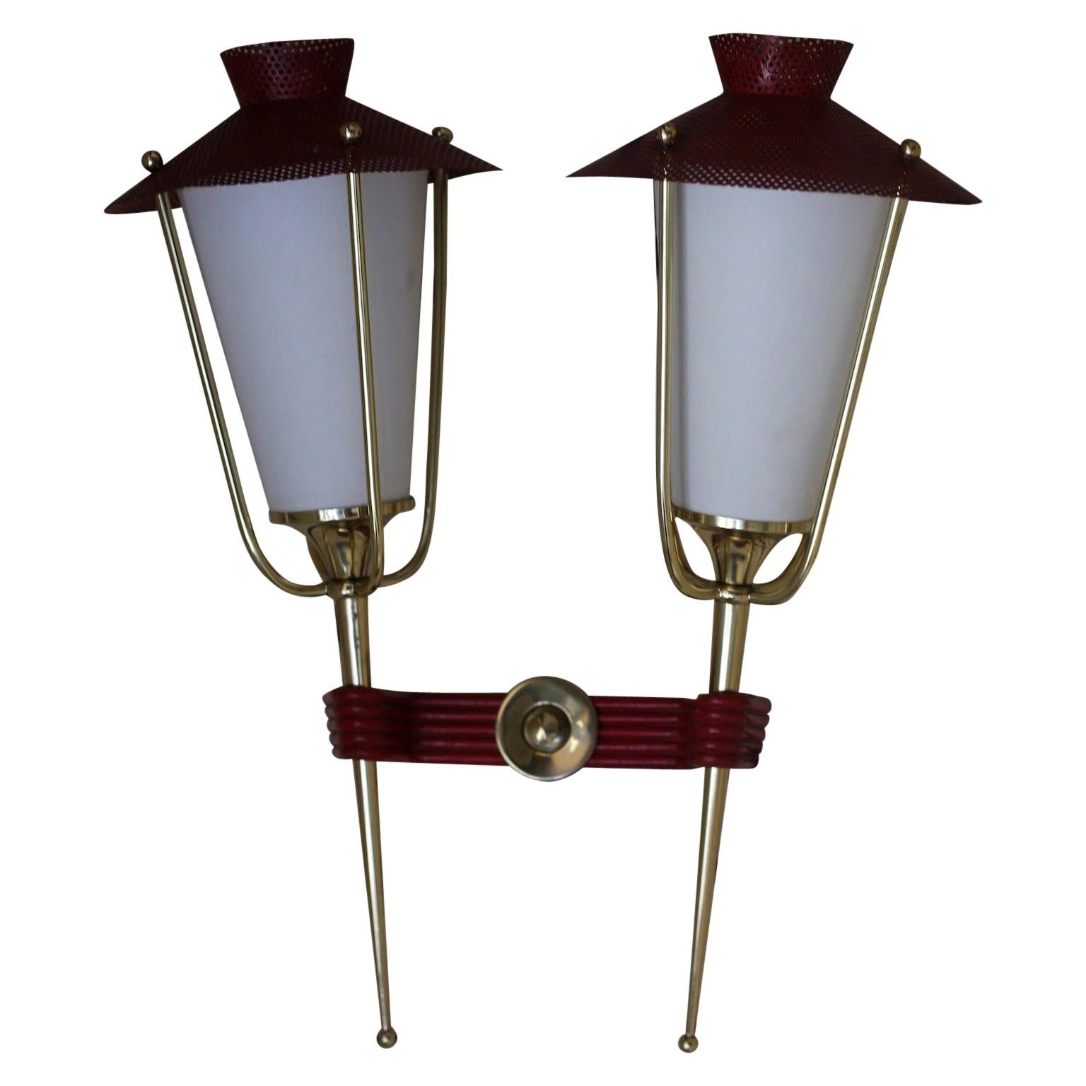 Midcentury French Red and Brass Wall Sconces by Maison Arlus For Sale