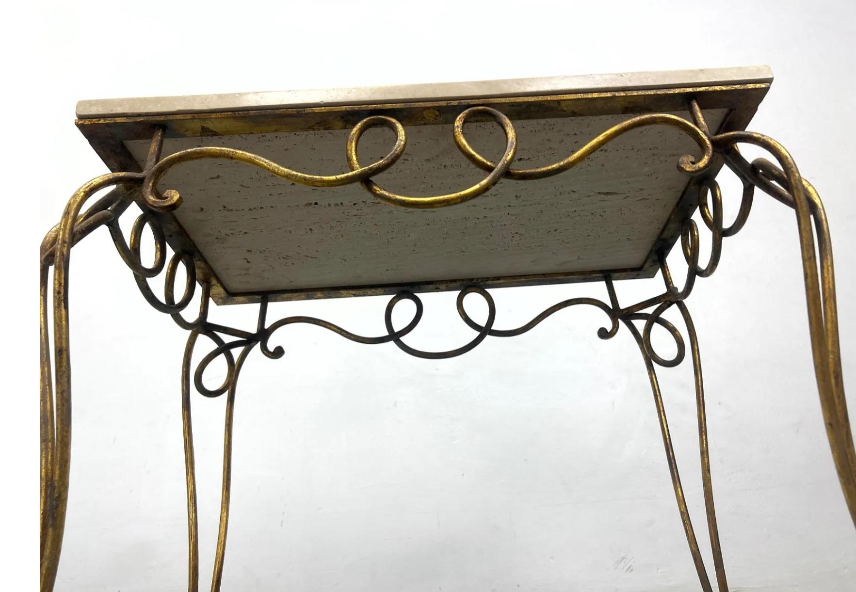Midcentury French Rene Prou Art Deco Gilded Iron End Tables with Travertine Tops For Sale 6