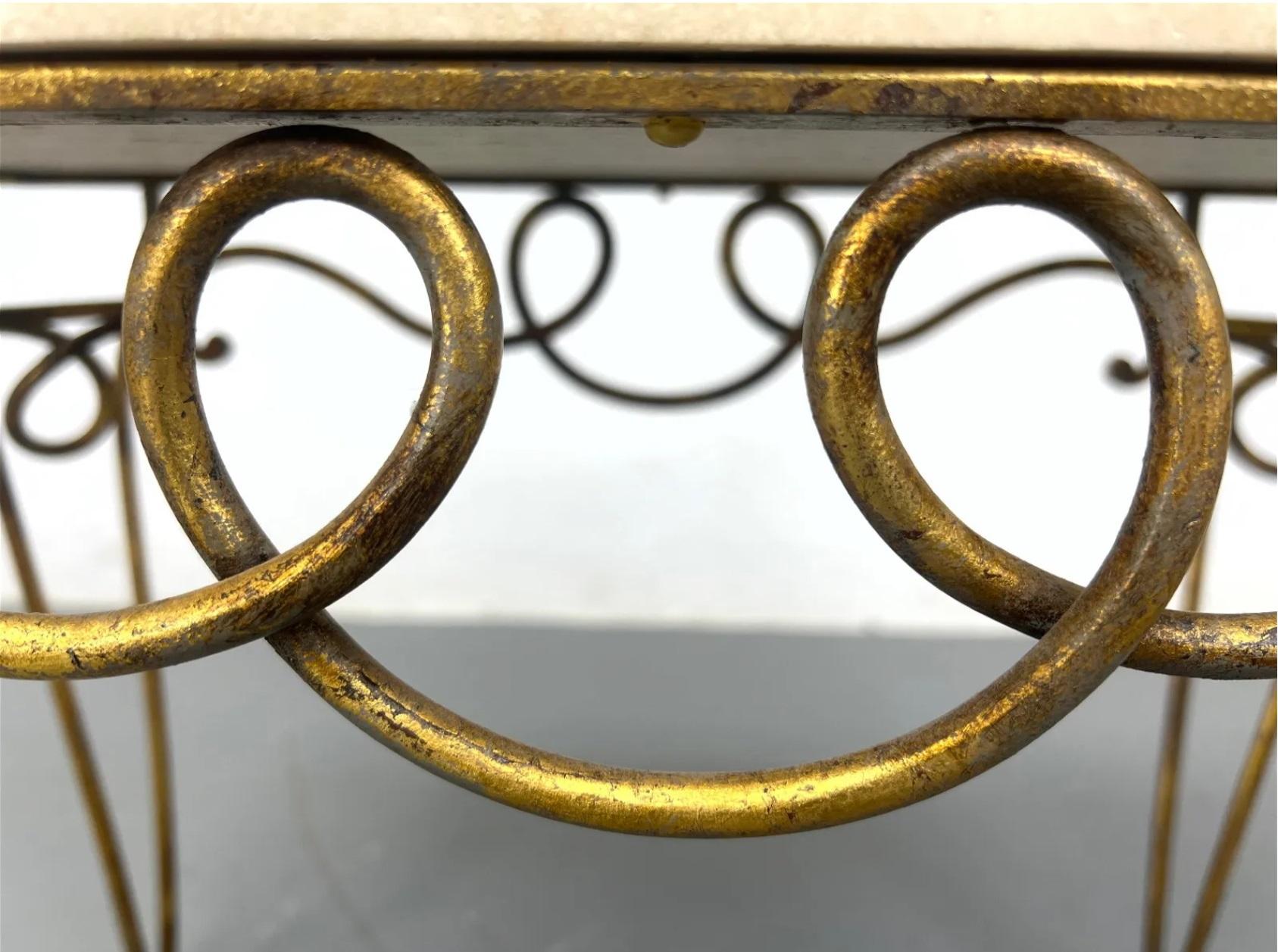 Französische Rene Prou Art Deco-Beistelltische aus vergoldetem Eisen mit Travertinplatten aus der Mitte des Jahrhunderts im Angebot 6