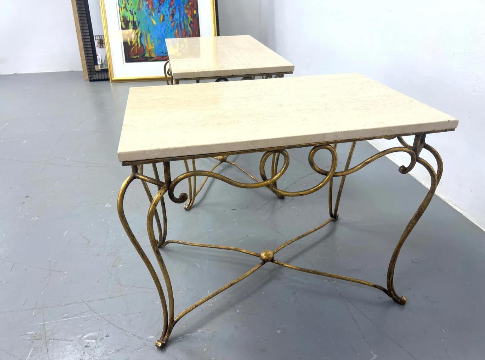 Midcentury French Rene Prou Art Deco Gilded Iron End Tables with Travertine Tops In Good Condition For Sale In Chicago, IL