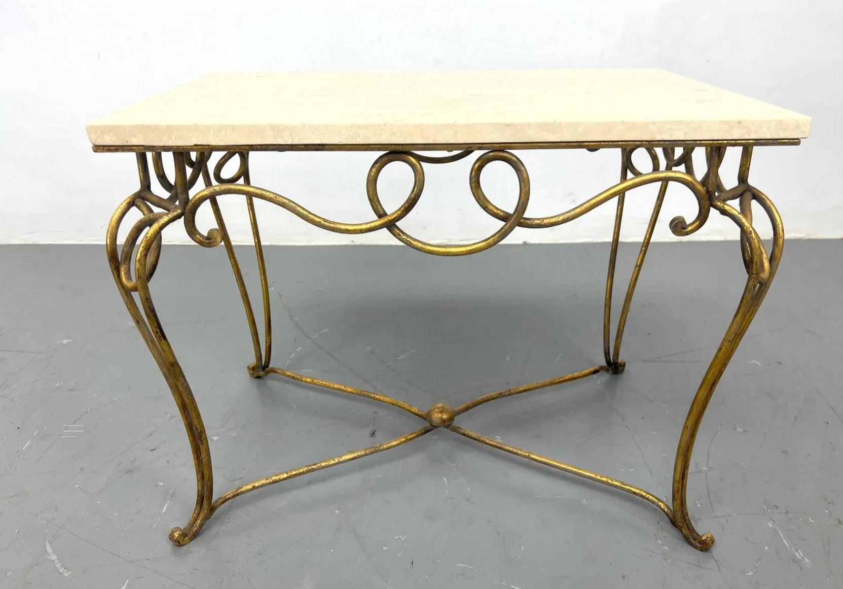 Mid-20th Century Midcentury French Rene Prou Art Deco Gilded Iron End Tables with Travertine Tops For Sale