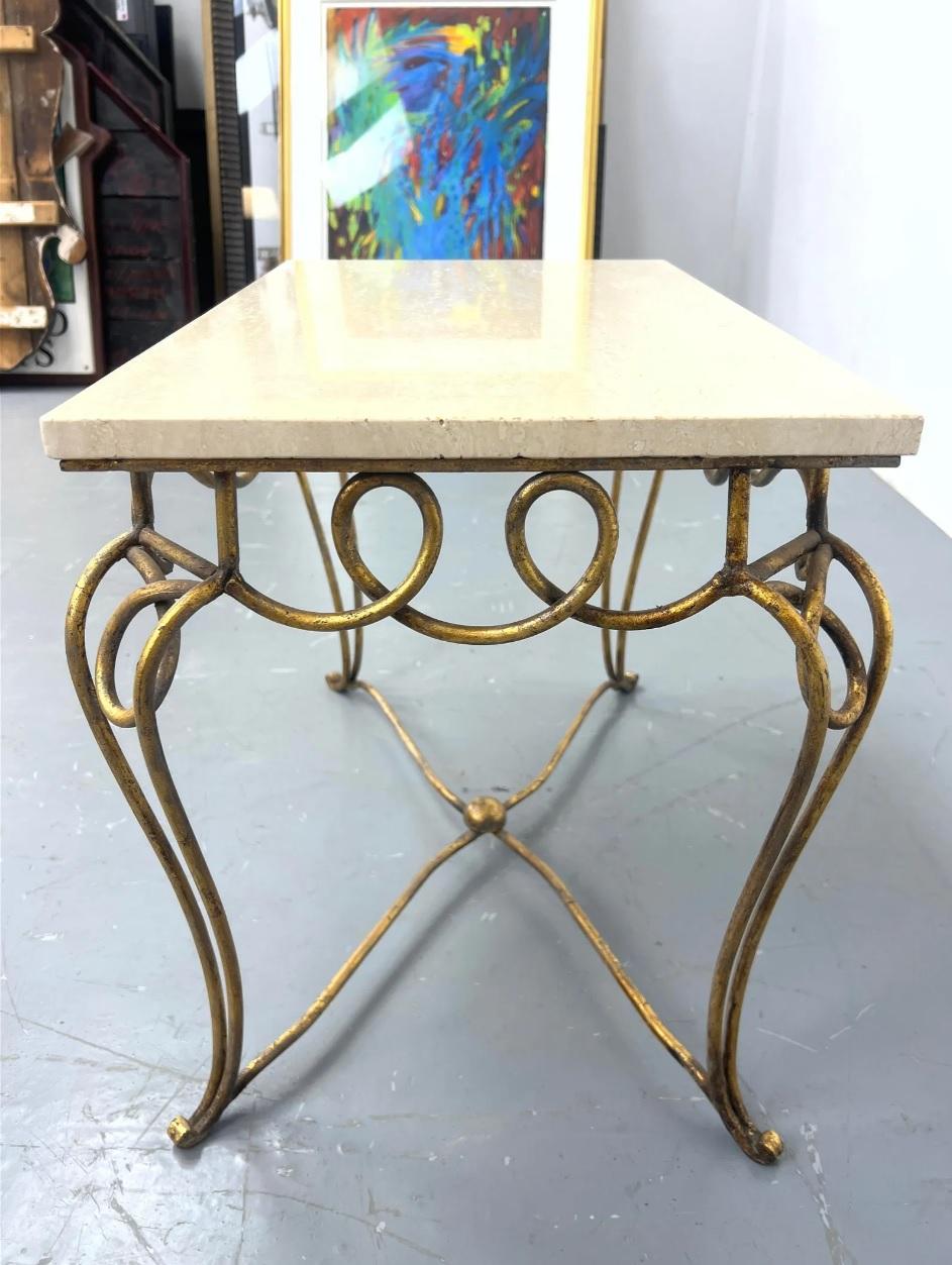 Midcentury French Rene Prou Art Deco Gilded Iron End Tables with Travertine Tops For Sale 1