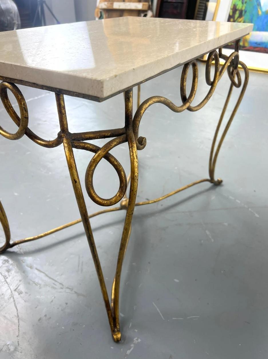 Midcentury French Rene Prou Art Deco Gilded Iron End Tables with Travertine Tops For Sale 2