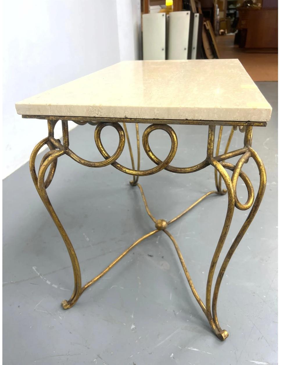 Midcentury French Rene Prou Art Deco Gilded Iron End Tables with Travertine Tops For Sale 3