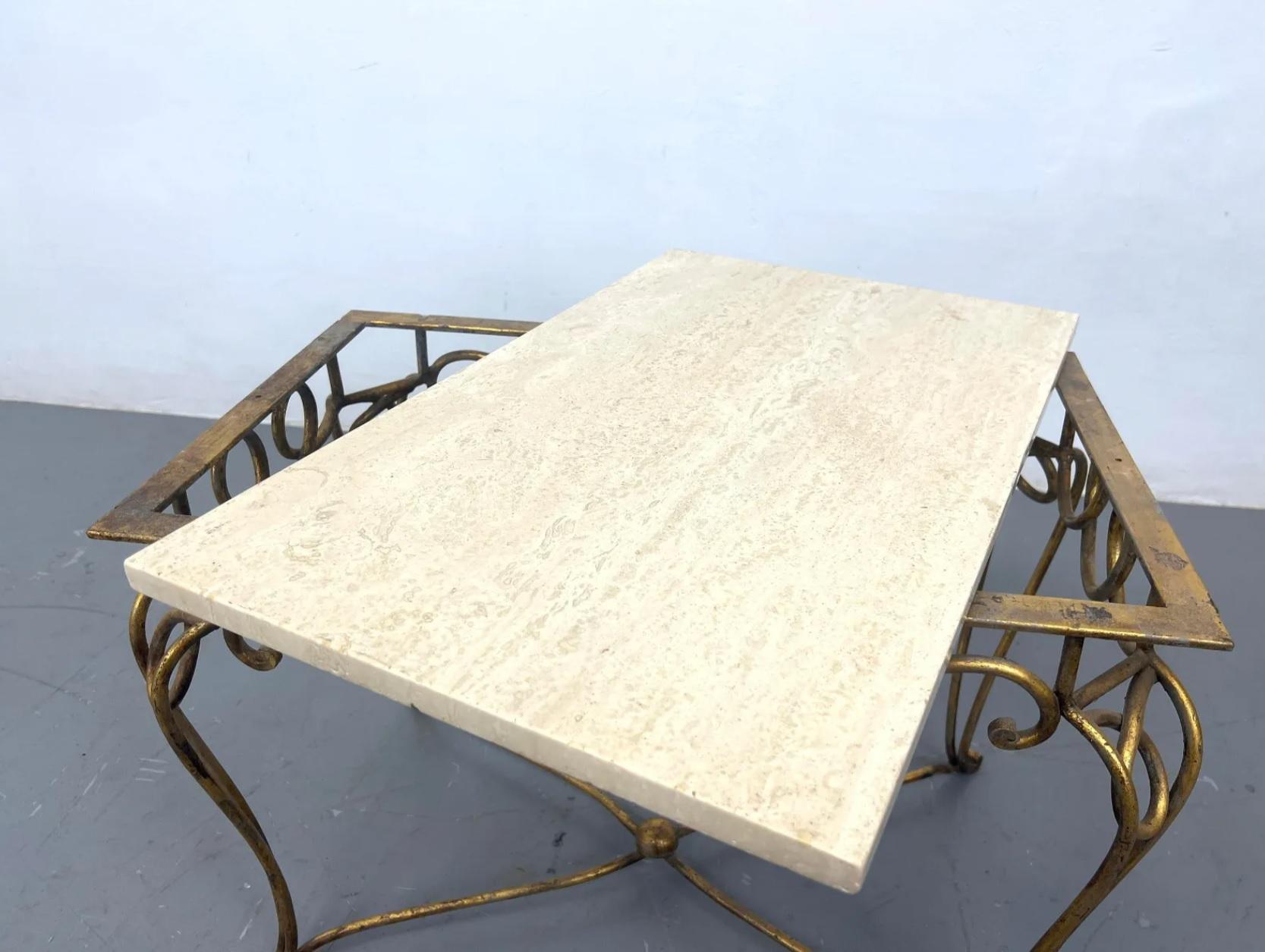 Midcentury French Rene Prou Art Deco Gilded Iron End Tables with Travertine Tops For Sale 4