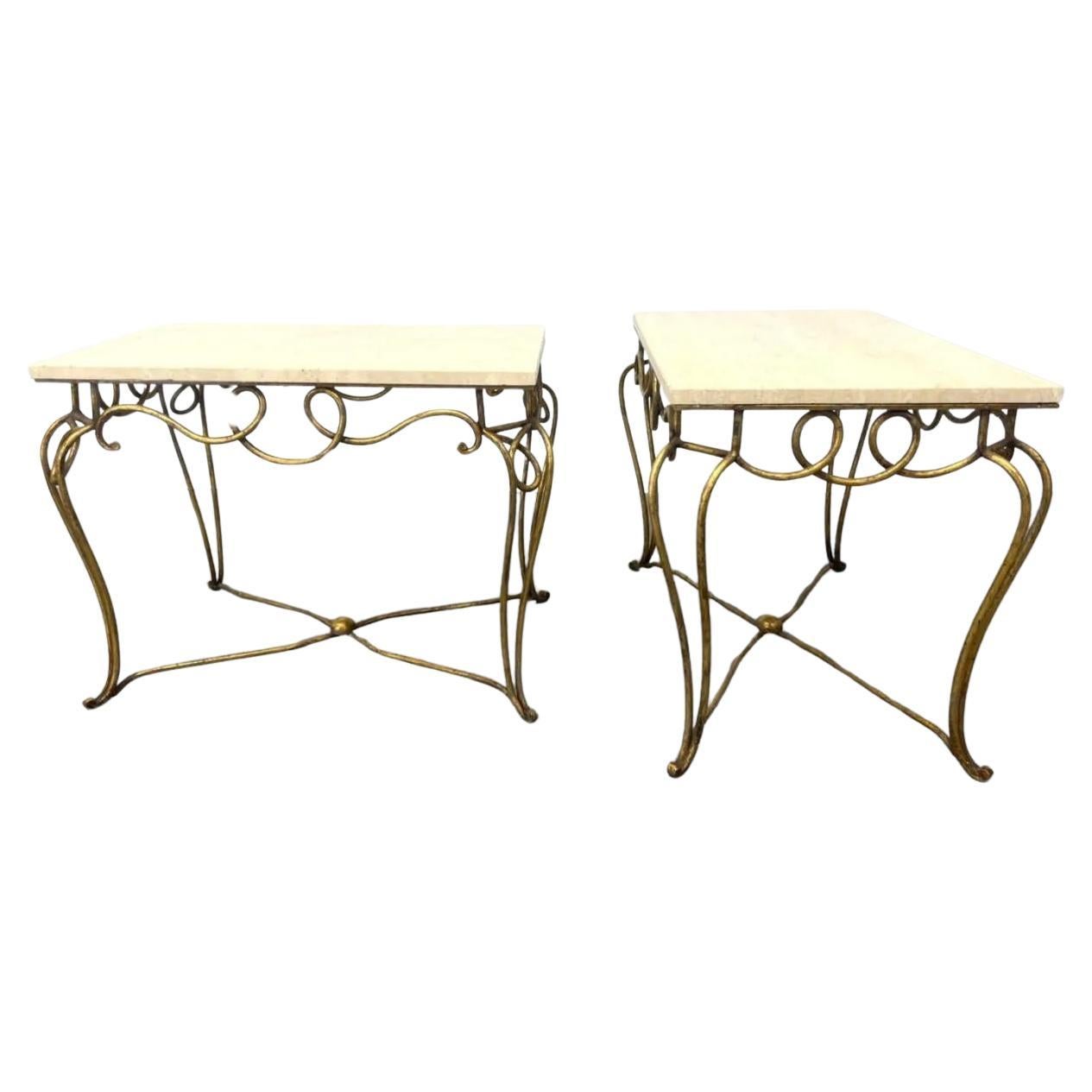 Midcentury French Rene Prou Art Deco Gilded Iron End Tables with Travertine Tops For Sale
