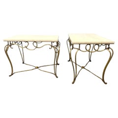 Vintage Midcentury French Rene Prou Art Deco Gilded Iron End Tables with Travertine Tops