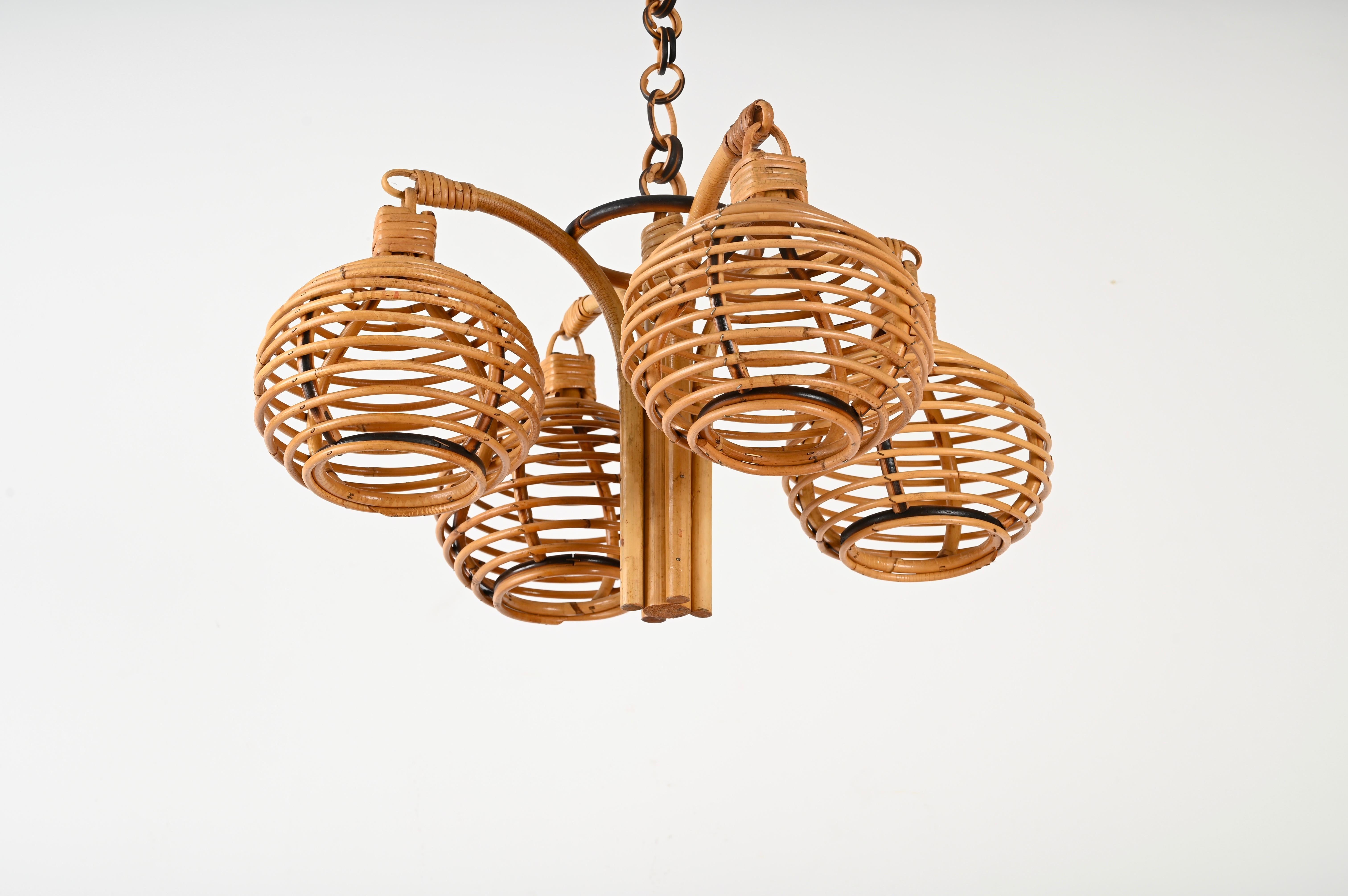 Midcentury French Riviera 4 Sphere Chandelier in Bambo and Rattan, Italy 1960s For Sale 2