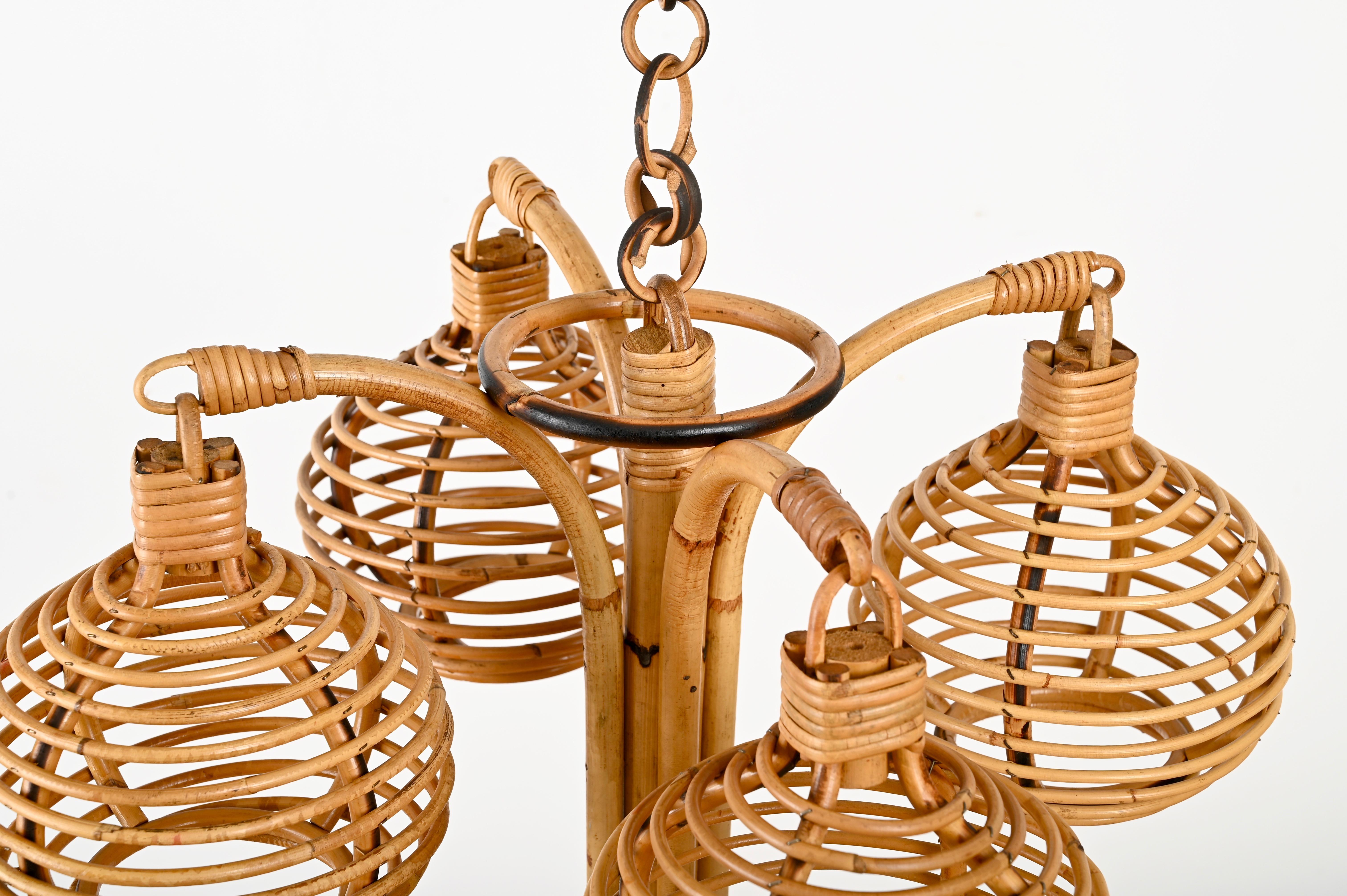 Midcentury French Riviera 4 Sphere Chandelier in Bambo and Rattan, Italy 1960s For Sale 3
