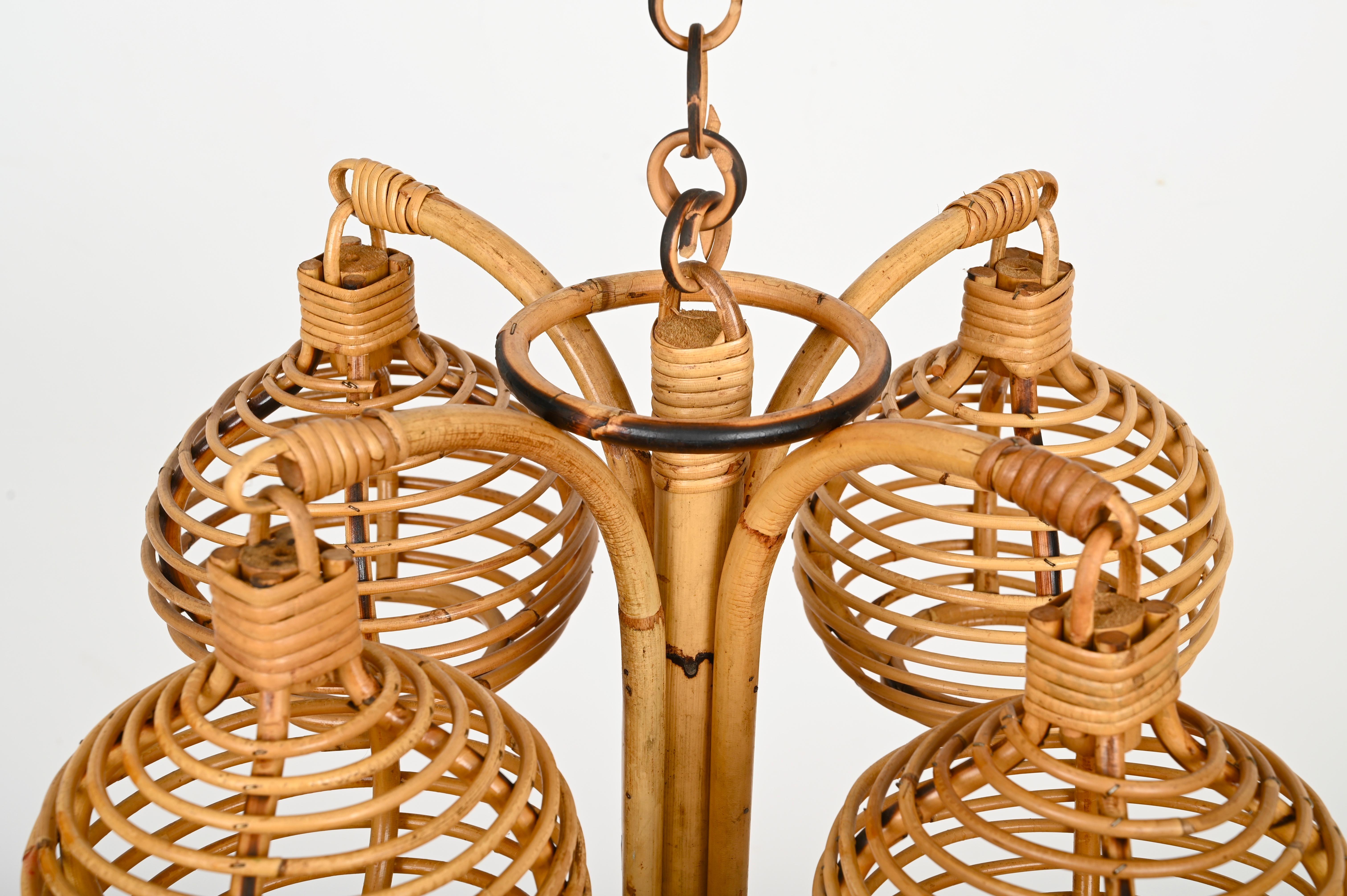 Midcentury French Riviera 4 Sphere Chandelier in Bambo and Rattan, Italy 1960s For Sale 4
