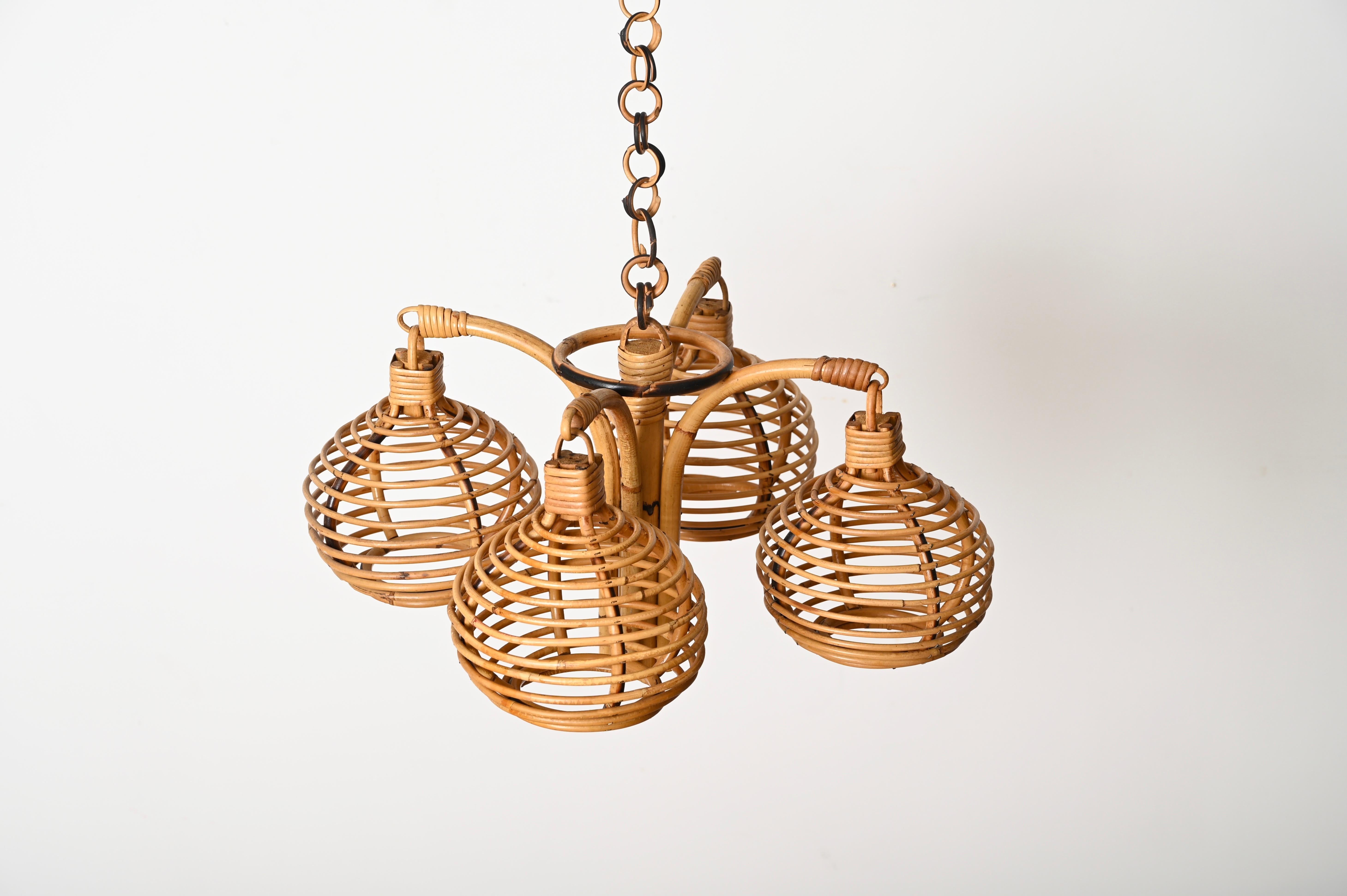 Midcentury French Riviera 4 Sphere Chandelier in Bambo and Rattan, Italy 1960s For Sale 5