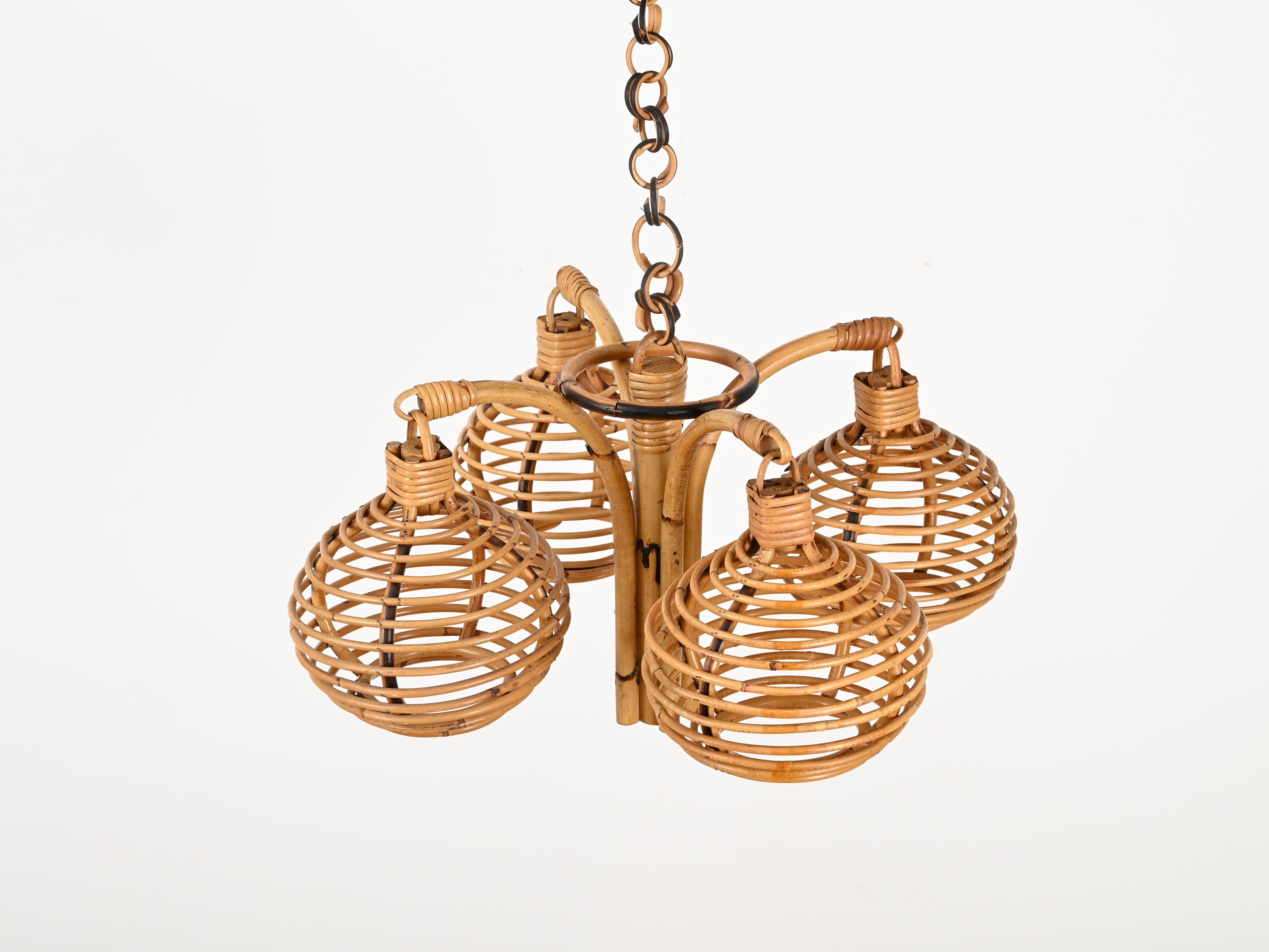 Midcentury French Riviera 4 Sphere Chandelier in Bambo and Rattan, Italy 1960s For Sale 6