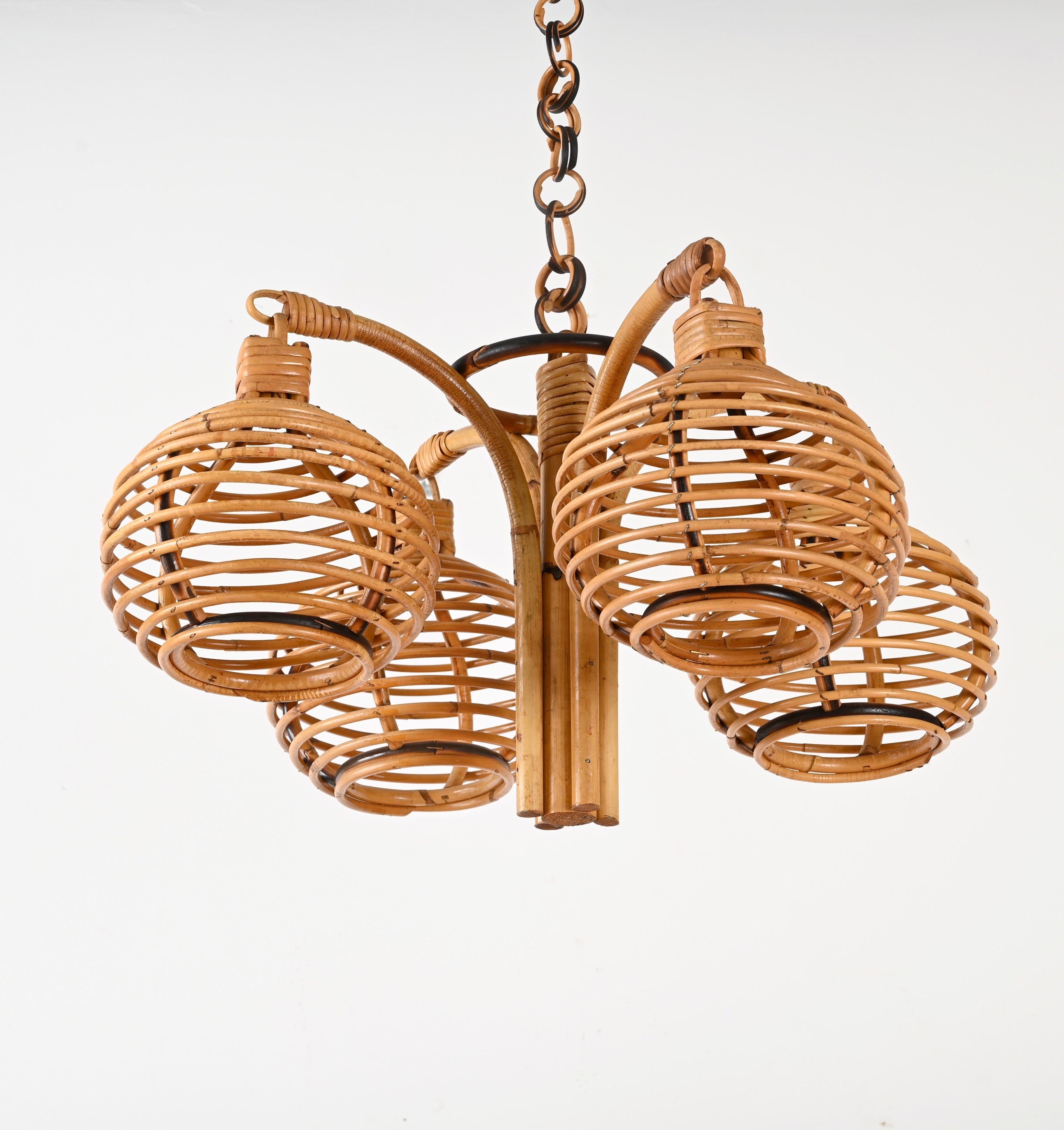 Italian Midcentury French Riviera 4 Sphere Chandelier in Bambo and Rattan, Italy 1960s For Sale
