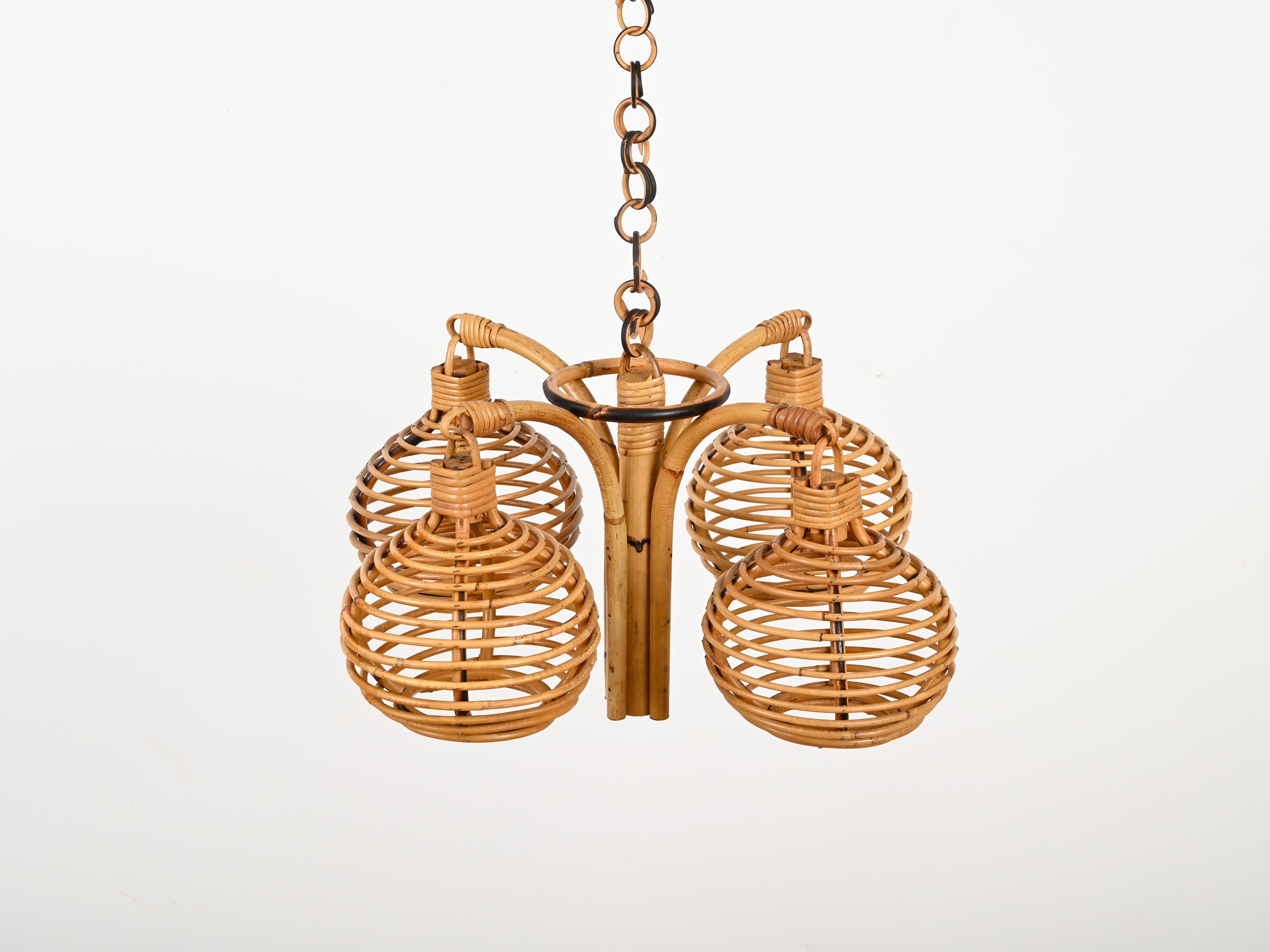 20th Century Midcentury French Riviera 4 Sphere Chandelier in Bambo and Rattan, Italy 1960s For Sale