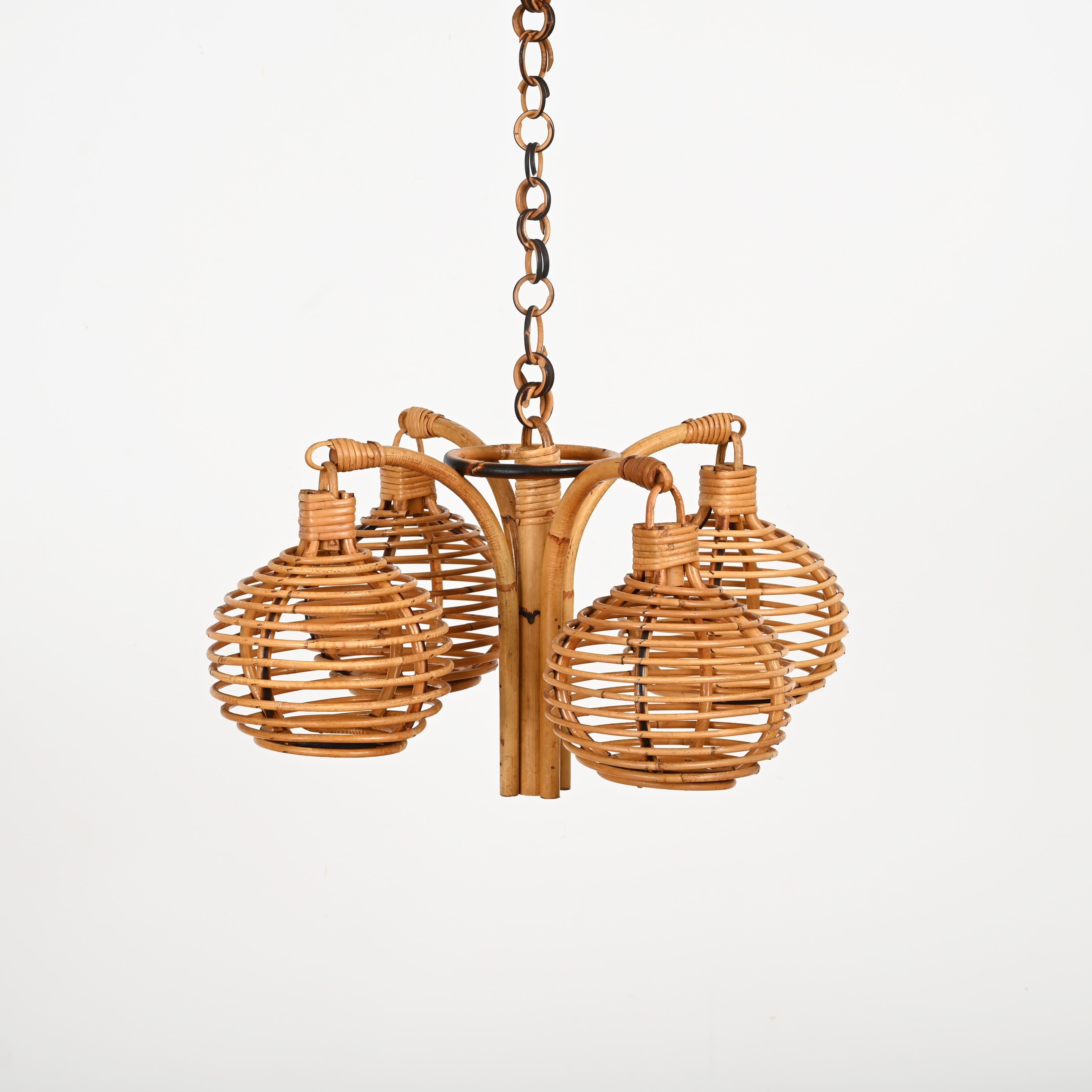 Midcentury French Riviera 4 Sphere Chandelier in Bambo and Rattan, Italy 1960s For Sale 1