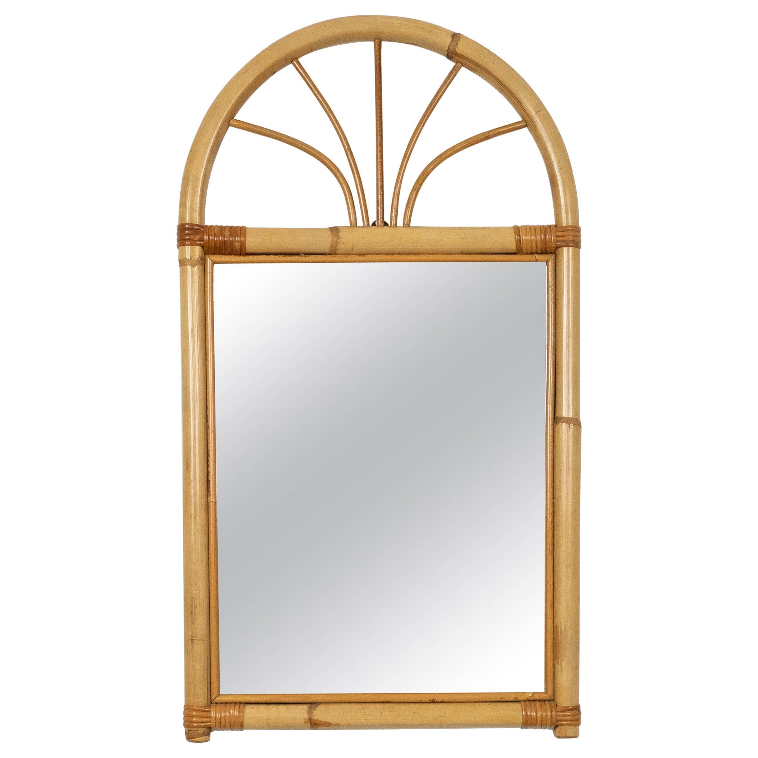 Midcentury French Riviera Arched Wall Mirror in Bamboo and Rattan, Italy 1970s