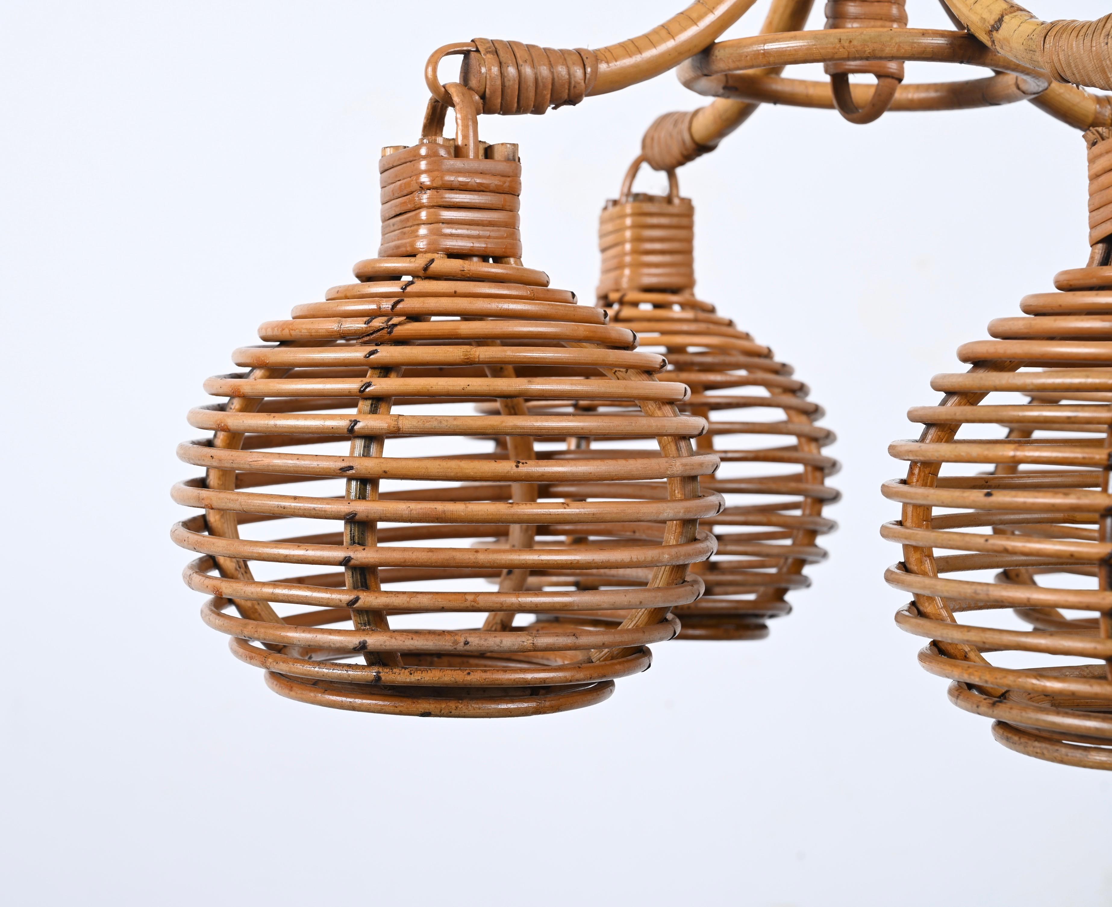 Midcentury French Riviera Bambo and Rattan 4 Sphere Italian Chandelier, 1960s 4