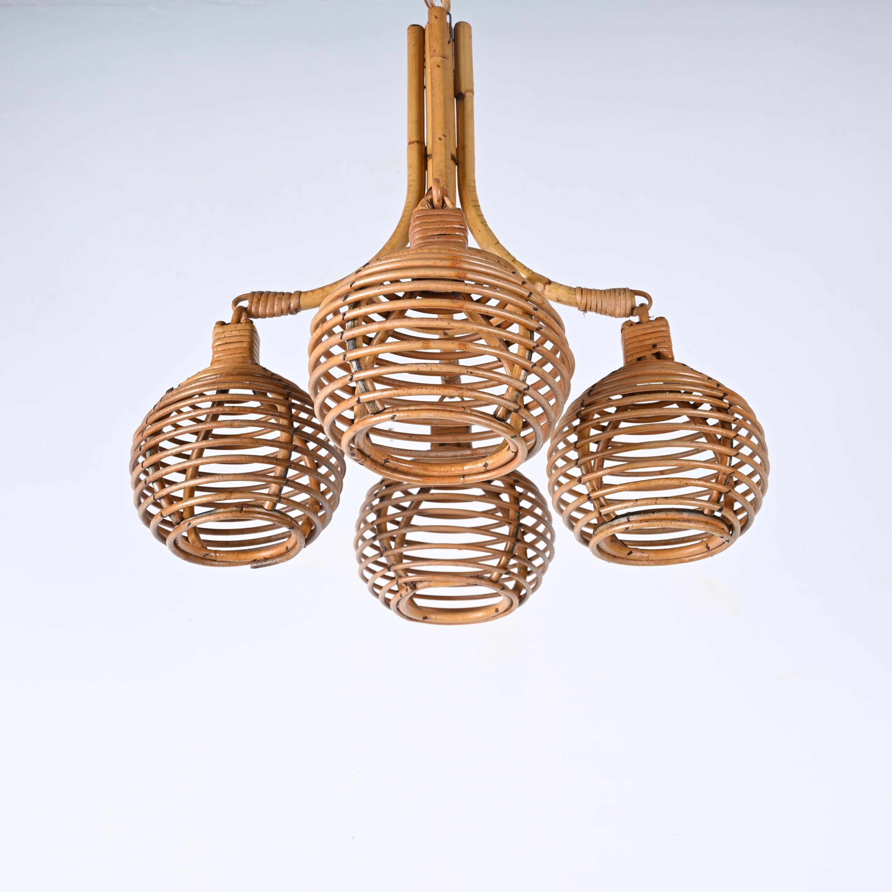 Midcentury French Riviera Bambo and Rattan 4 Sphere Italian Chandelier, 1960s 5