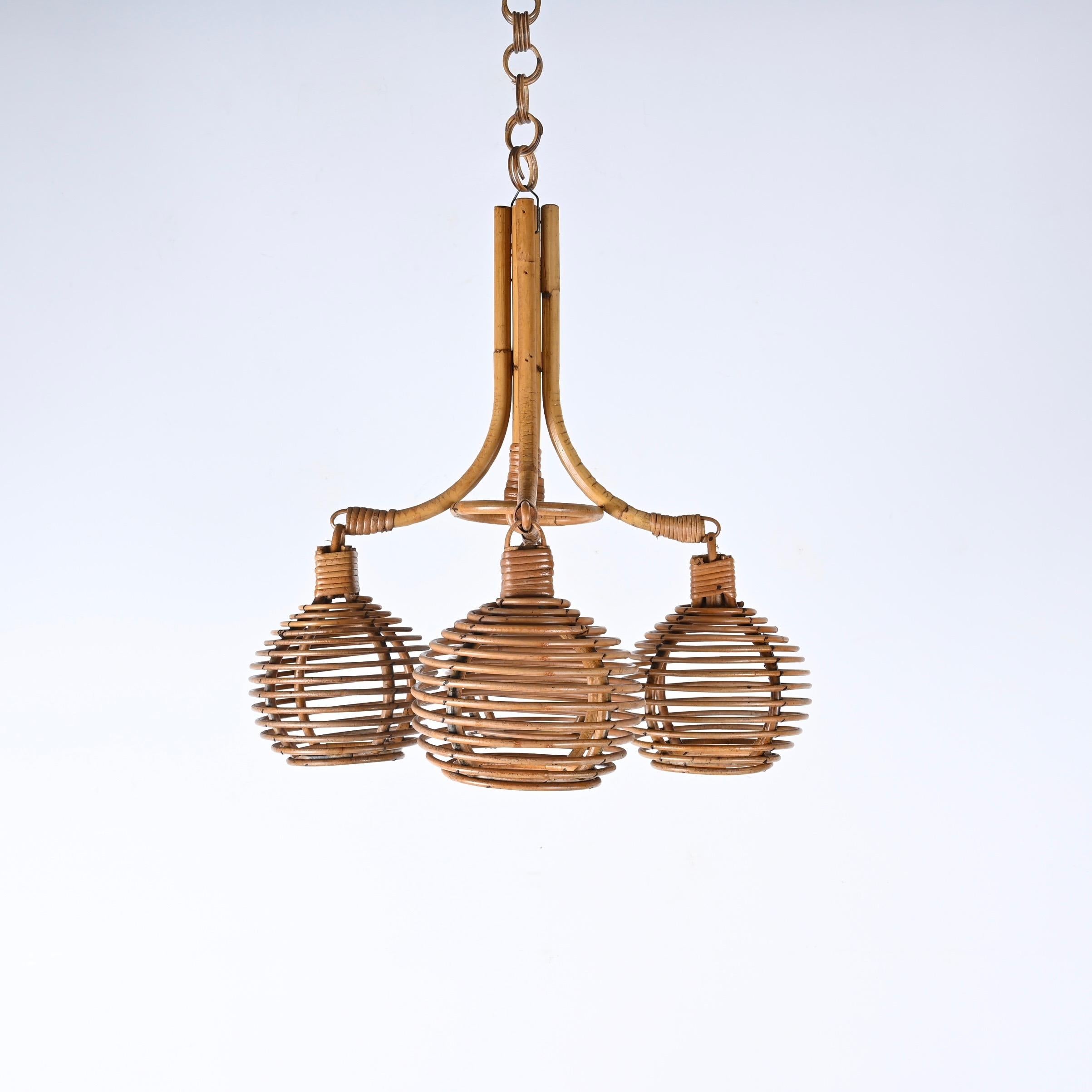 Midcentury French Riviera Bambo and Rattan 4 Sphere Italian Chandelier, 1960s 6