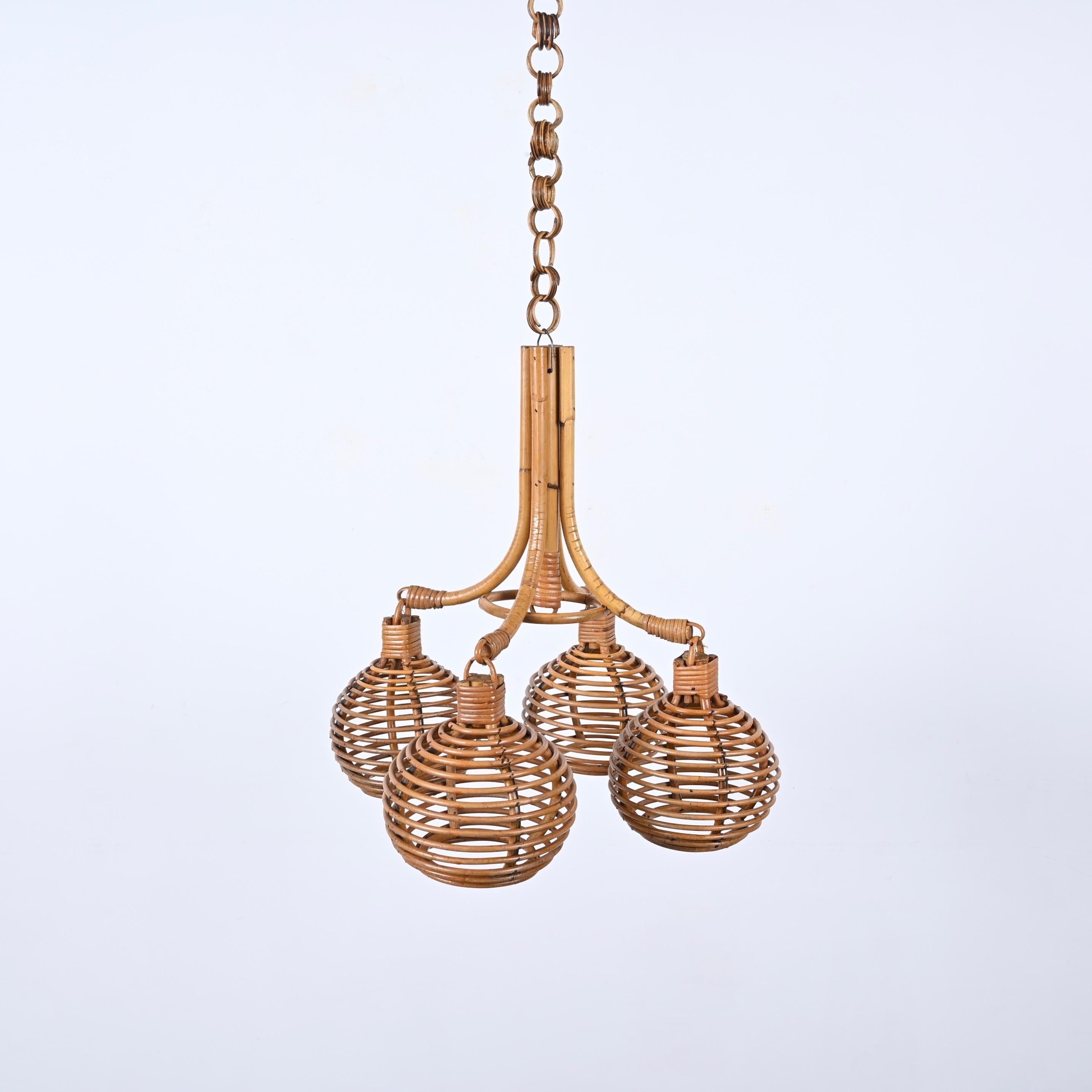 Midcentury French Riviera Bambo and Rattan 4 Sphere Italian Chandelier, 1960s 7