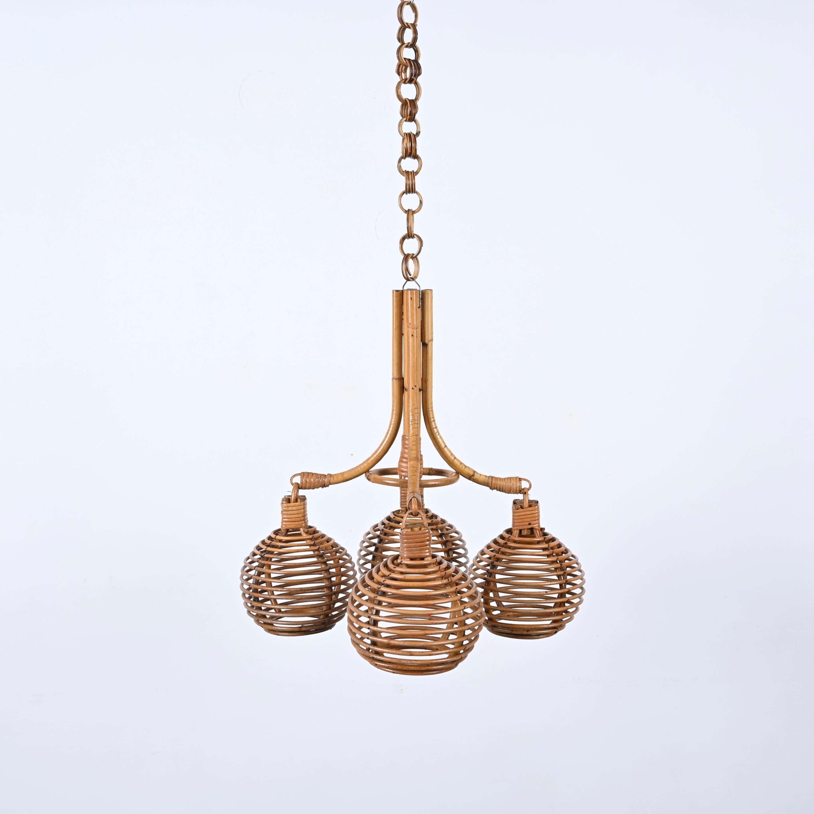 Midcentury French Riviera Bambo and Rattan 4 Sphere Italian Chandelier, 1960s 8