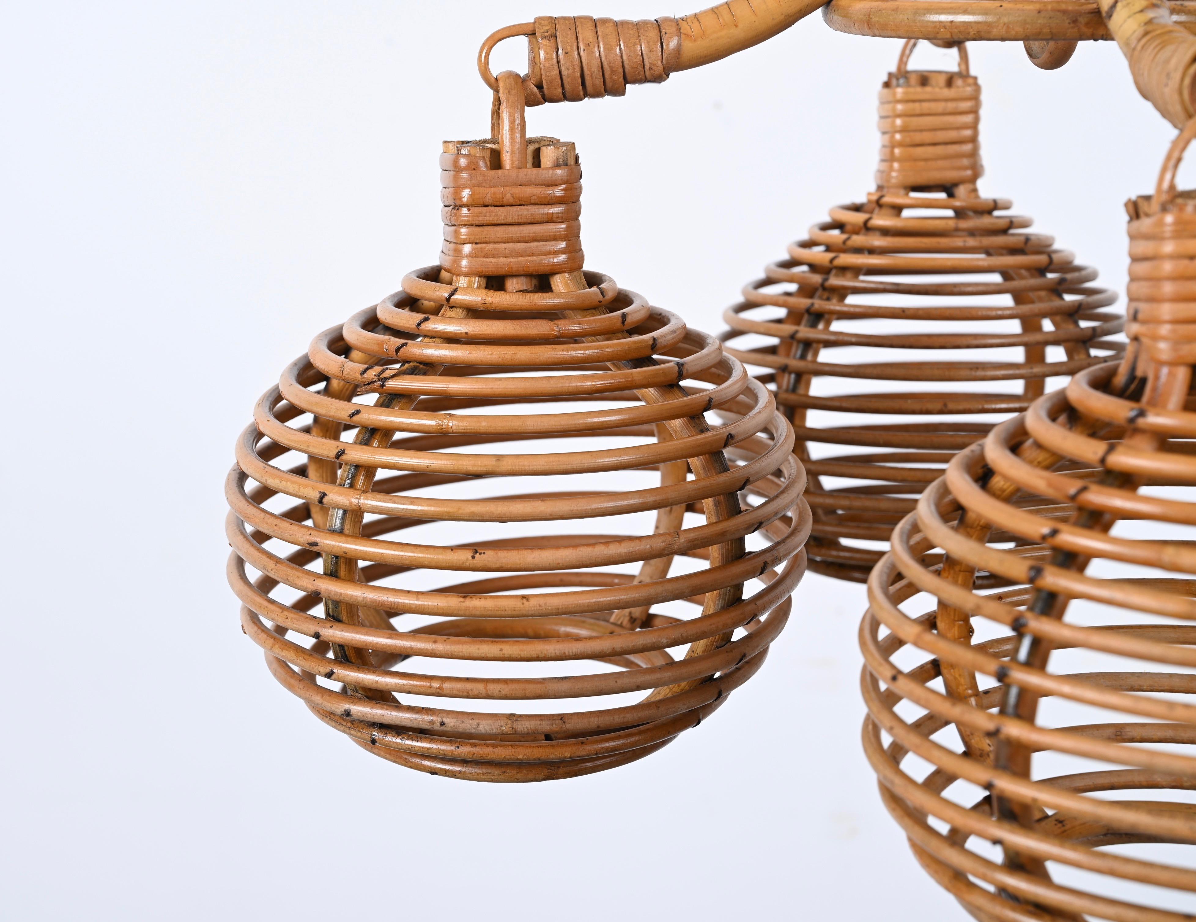 Midcentury French Riviera Bambo and Rattan 4 Sphere Italian Chandelier, 1960s 9