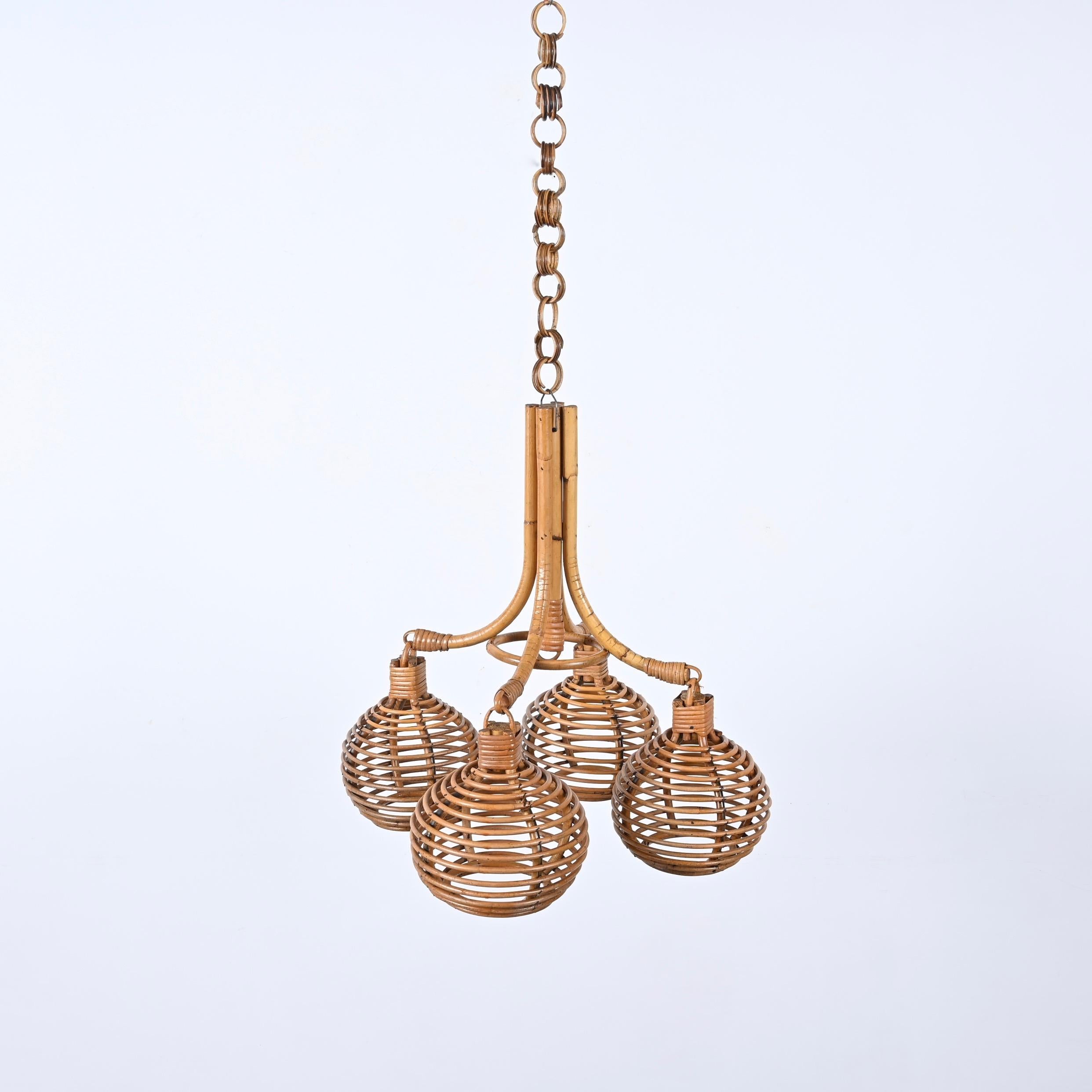 Midcentury French Riviera Bambo and Rattan 4 Sphere Italian Chandelier, 1960s 10