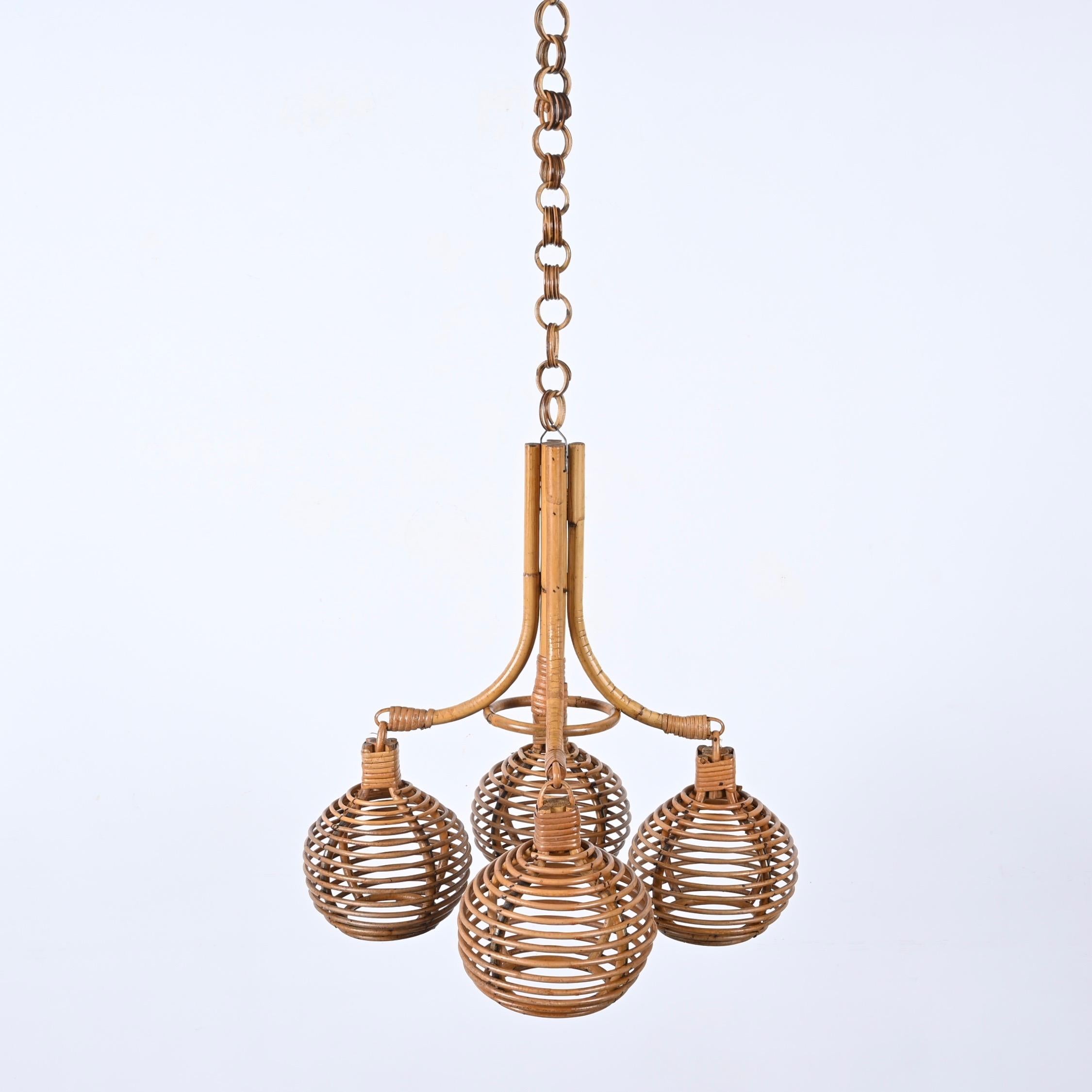 Midcentury French Riviera Bambo and Rattan 4 Sphere Italian Chandelier, 1960s 11