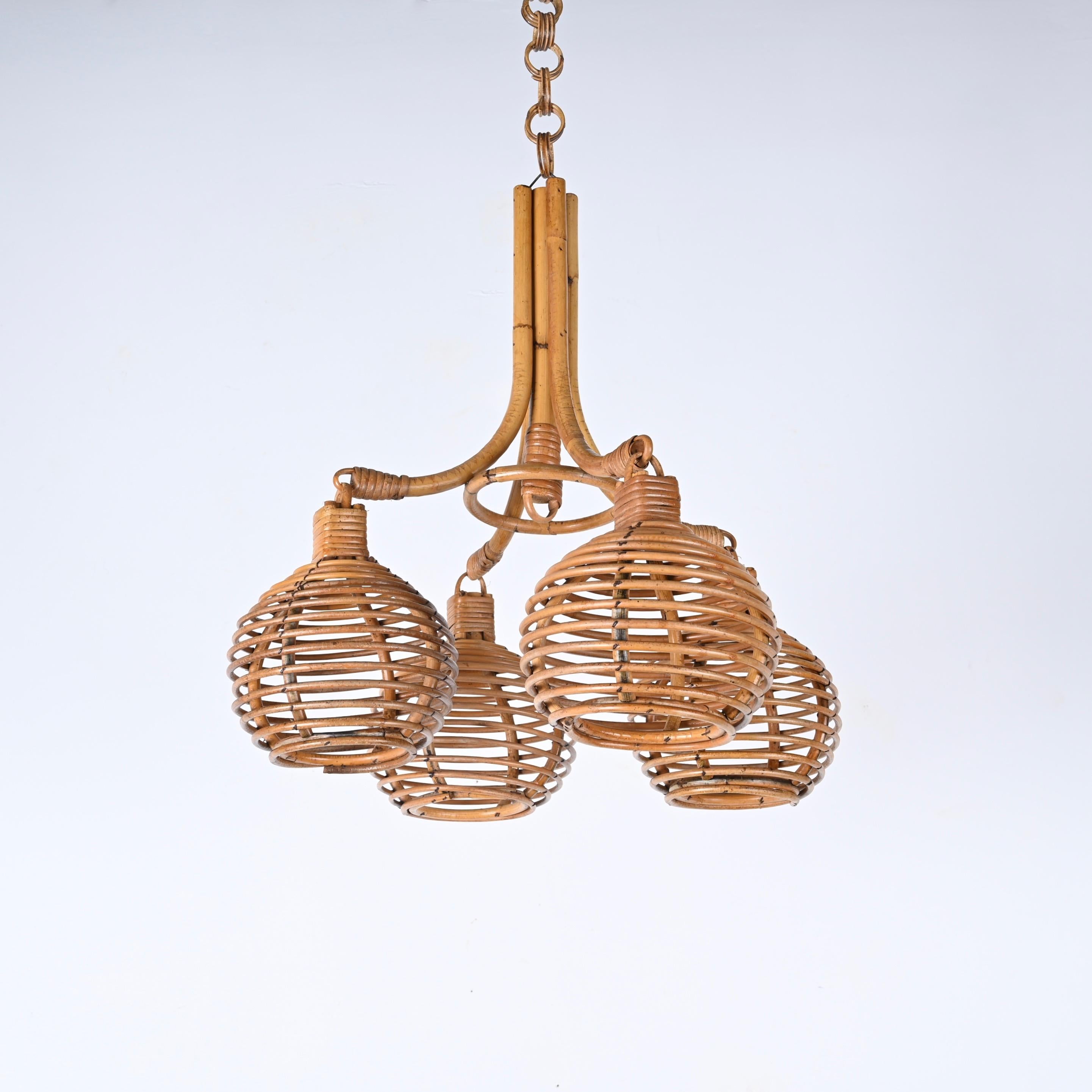 Midcentury French Riviera Bambo and Rattan 4 Sphere Italian Chandelier, 1960s 12