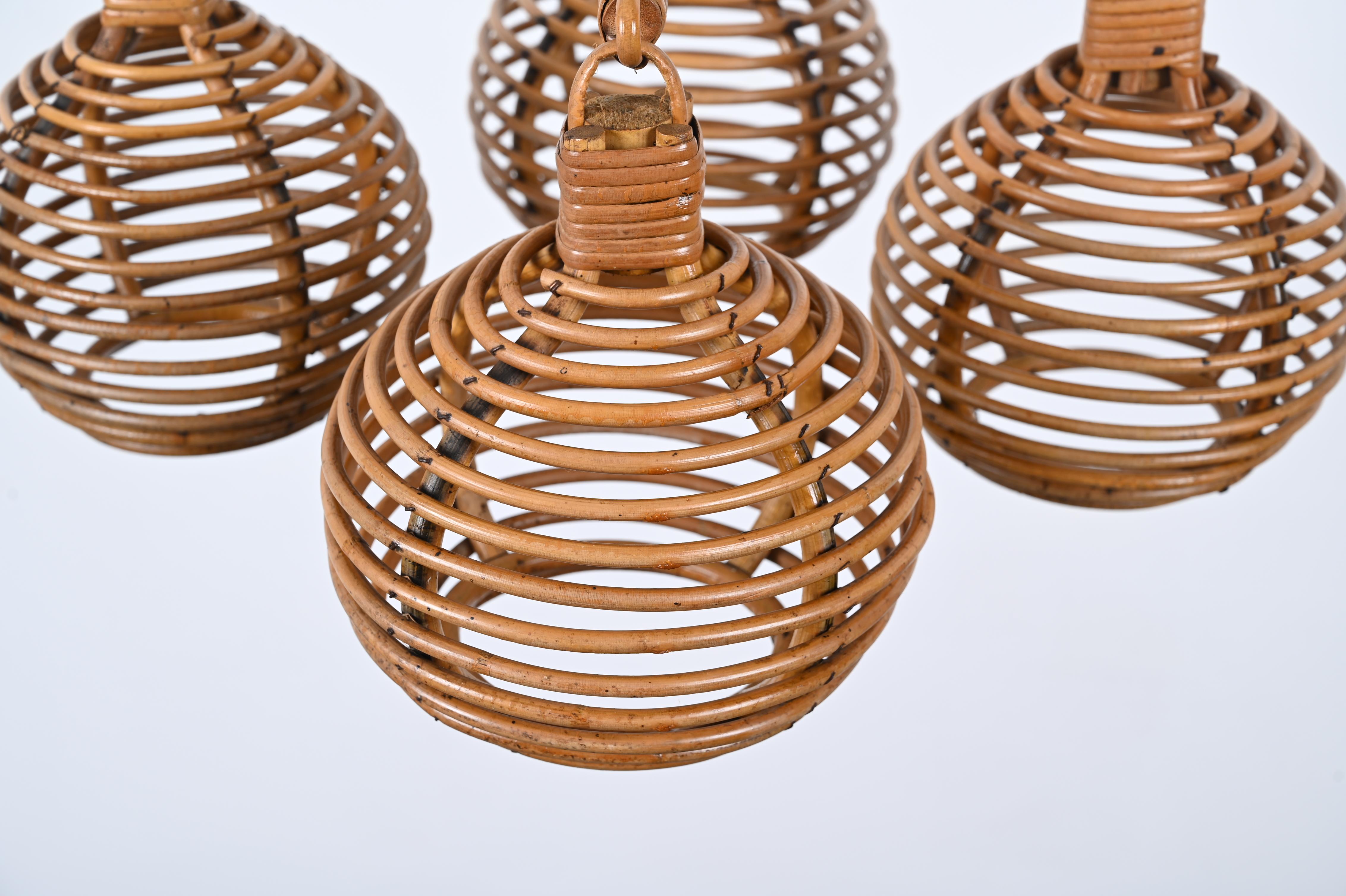 20th Century Midcentury French Riviera Bambo and Rattan 4 Sphere Italian Chandelier, 1960s