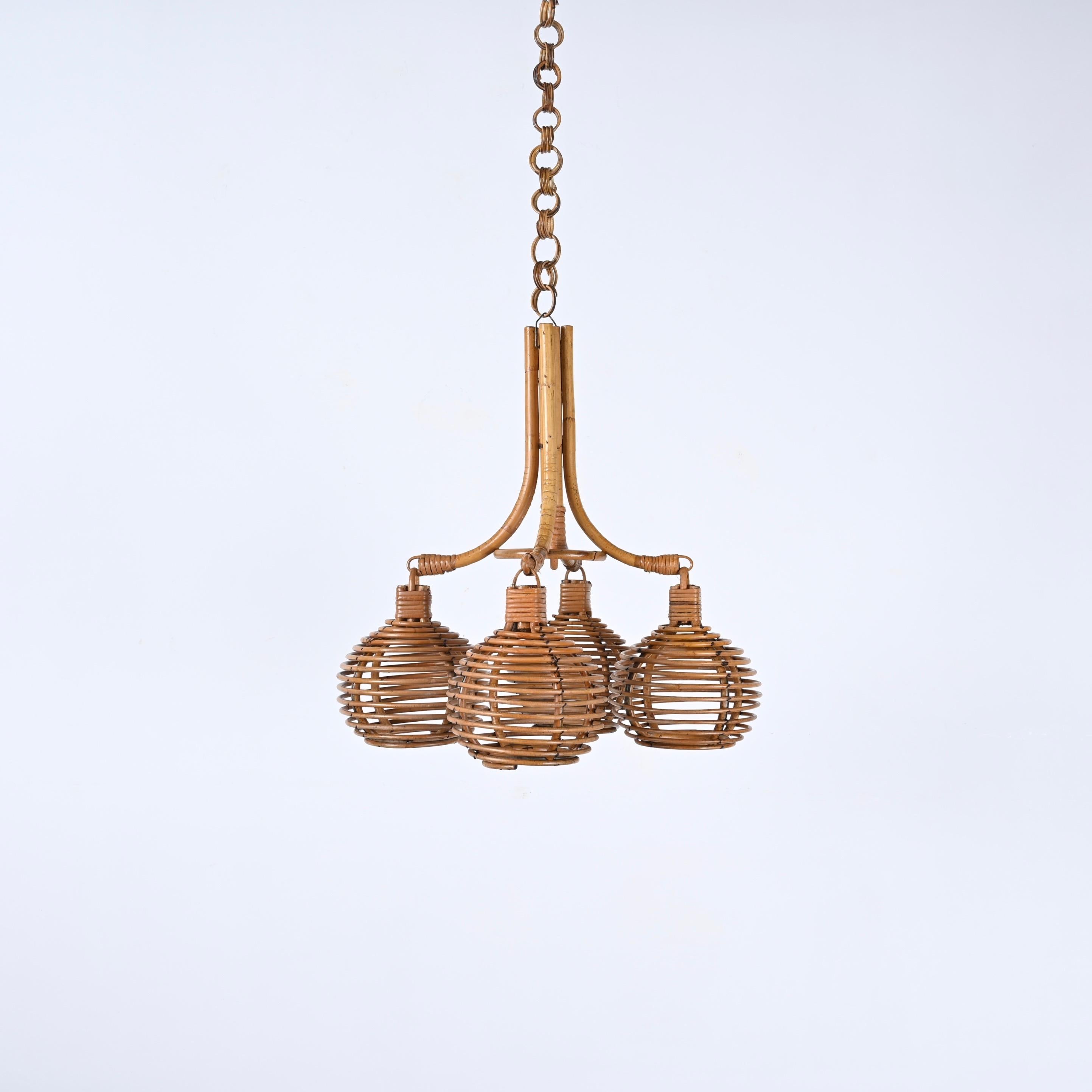 Bamboo Midcentury French Riviera Bambo and Rattan 4 Sphere Italian Chandelier, 1960s