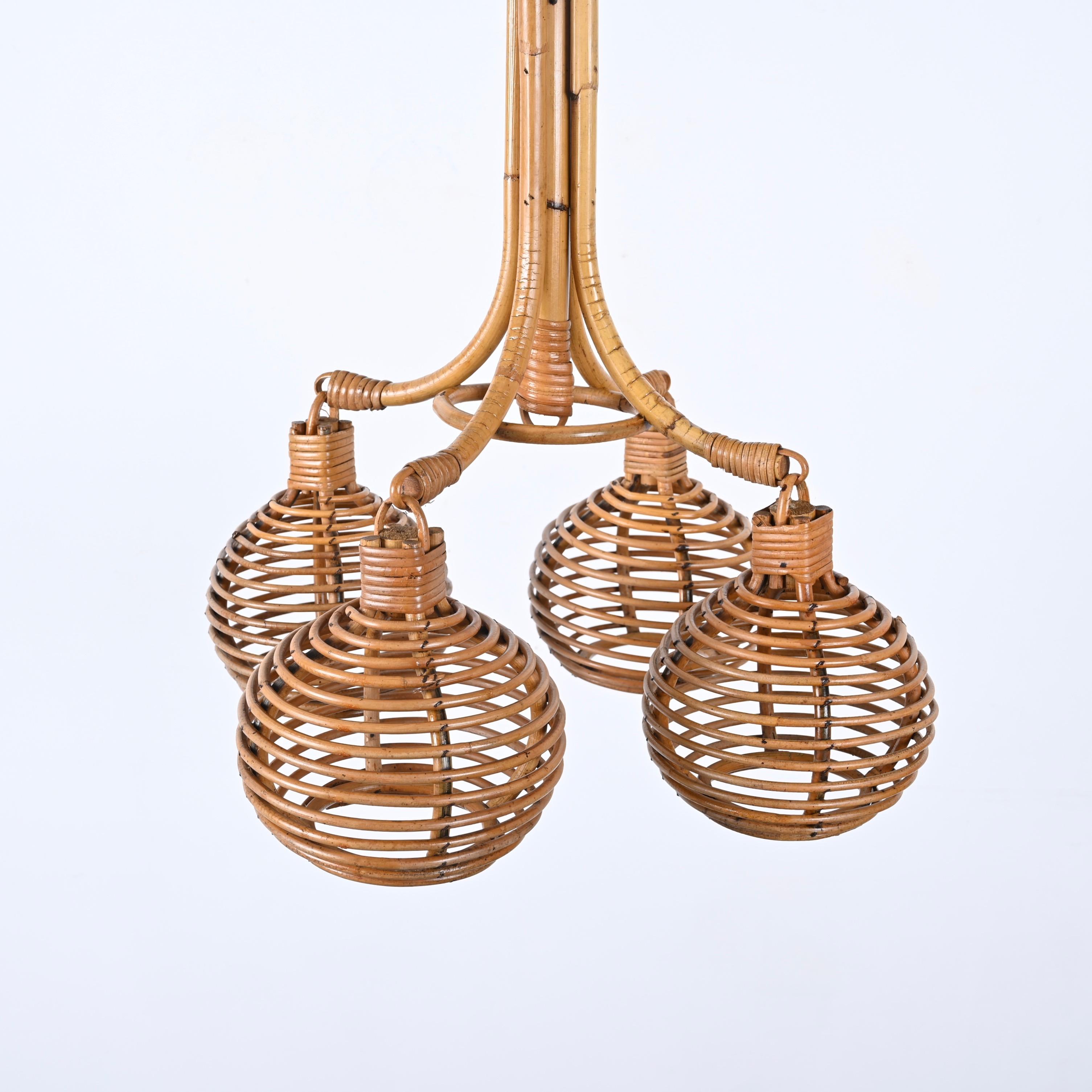 Midcentury French Riviera Bambo and Rattan 4 Sphere Italian Chandelier, 1960s 1