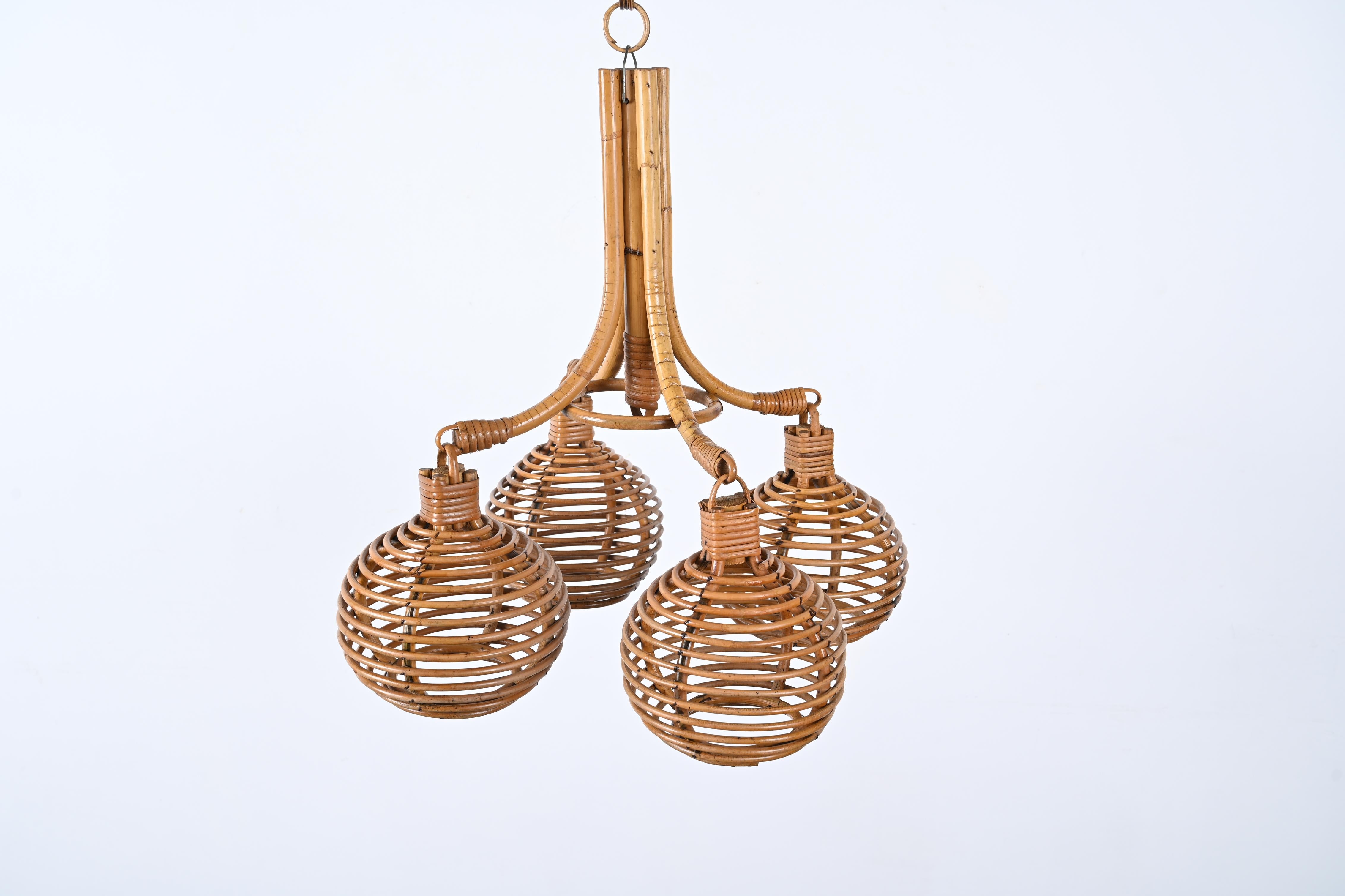 Midcentury French Riviera Bambo and Rattan 4 Sphere Italian Chandelier, 1960s 3
