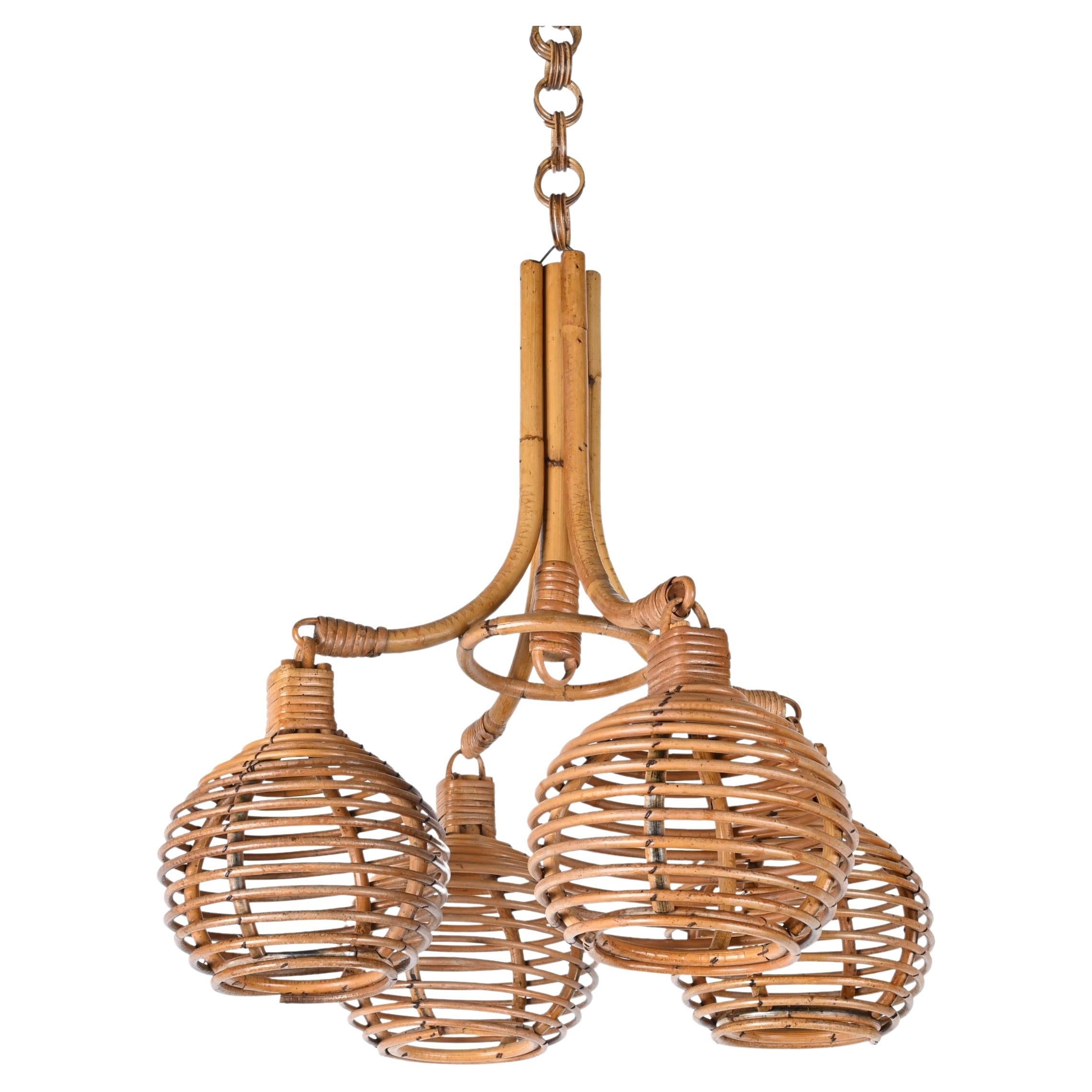 Midcentury French Riviera Bambo and Rattan 4 Sphere Italian Chandelier, 1960s