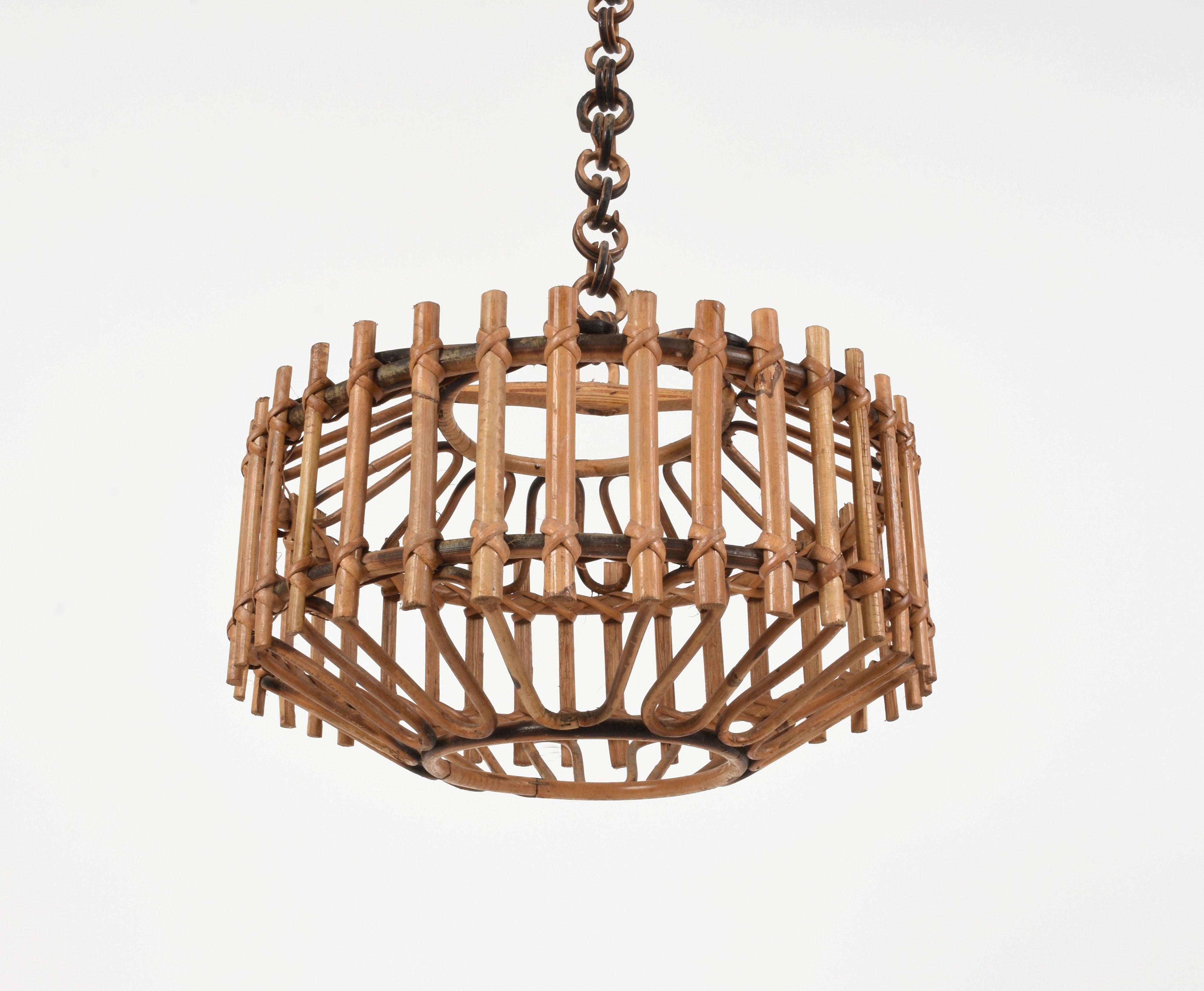 Midcentury French Riviera Bambo and Rattan Italian Chandelier, 1960s 3