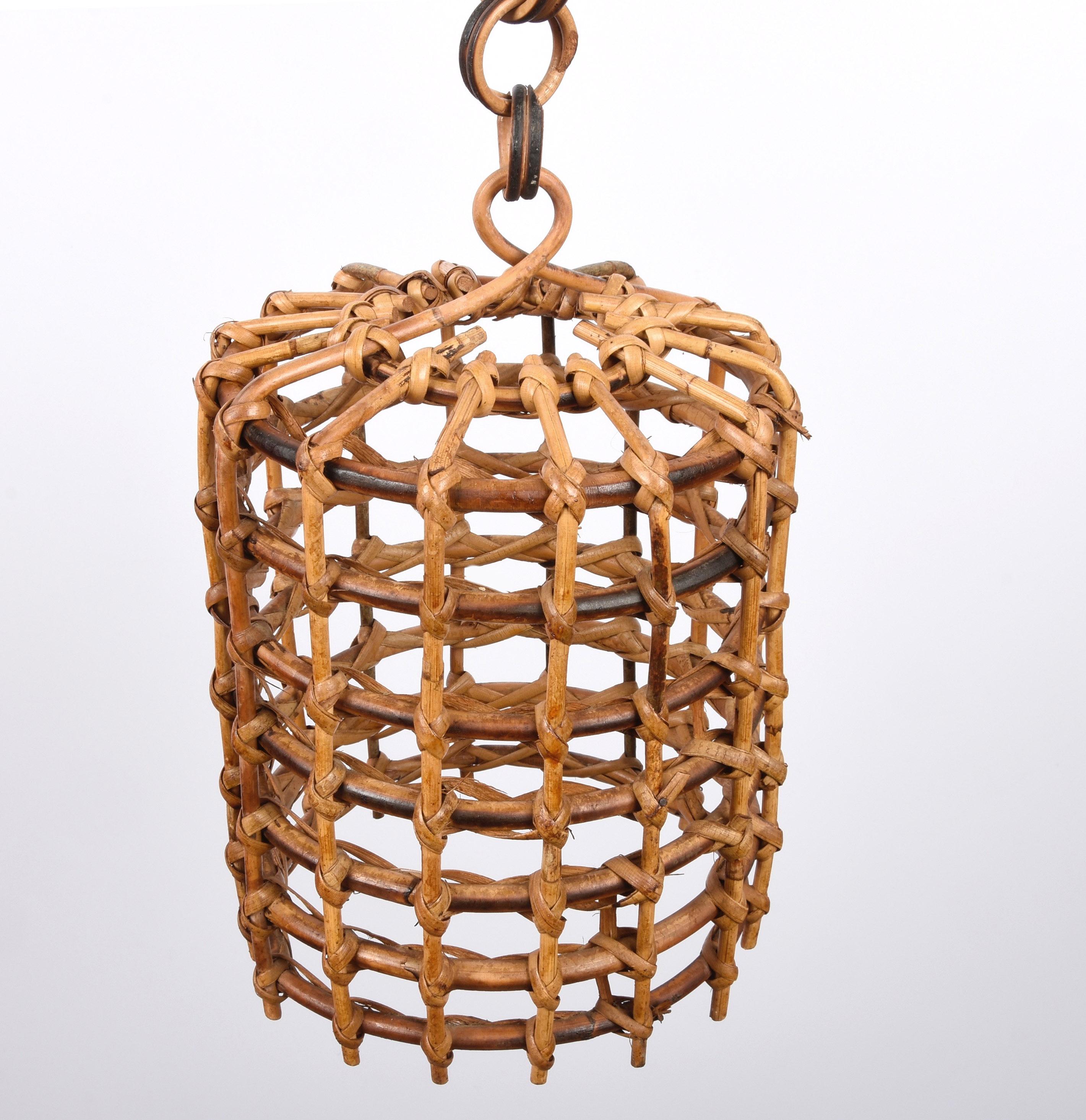 Bamboo Midcentury French Riviera Bambo and Rattan Italian Chandelier, 1960s For Sale