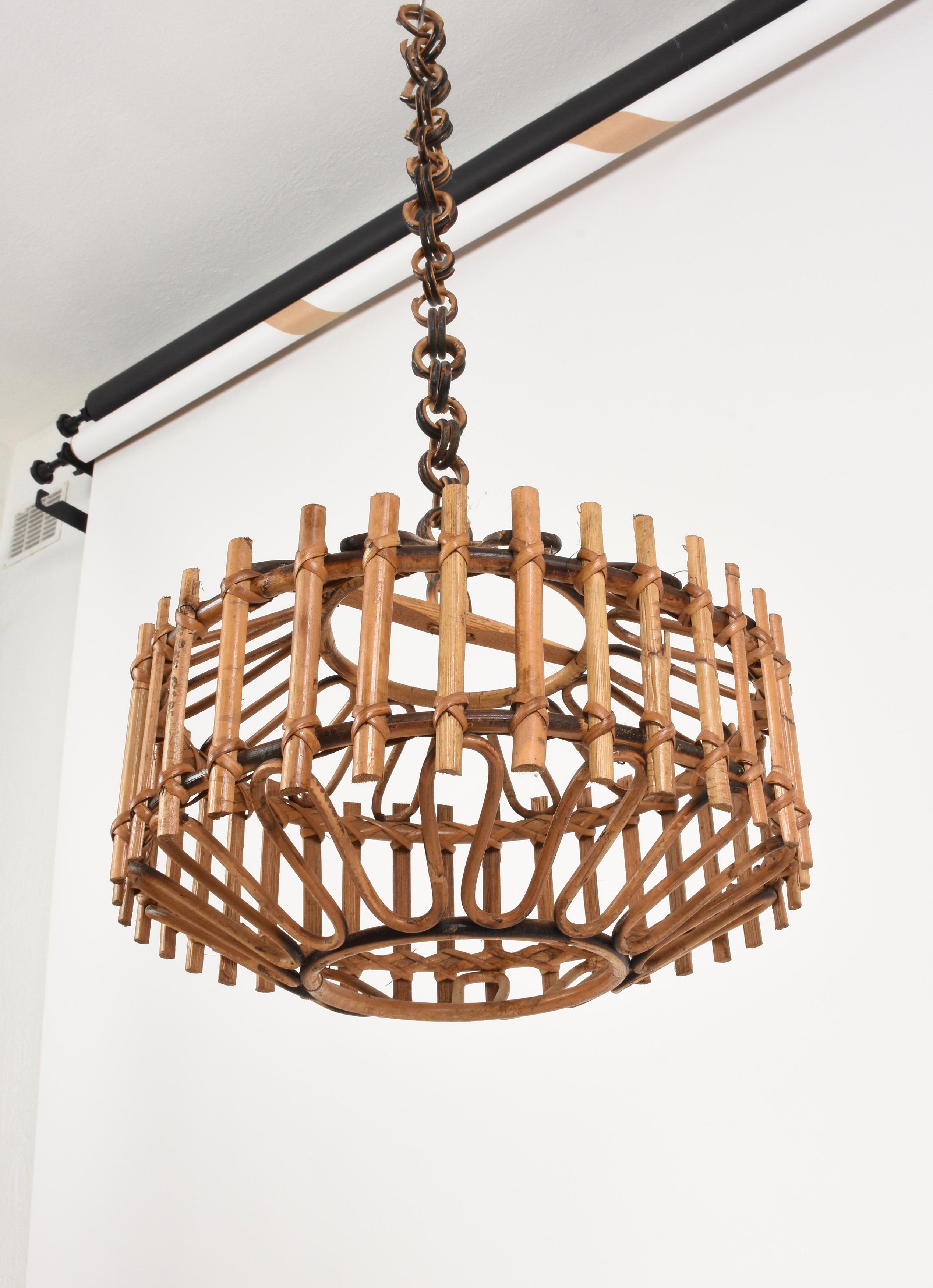 Midcentury French Riviera Bambo and Rattan Italian Chandelier, 1960s 2