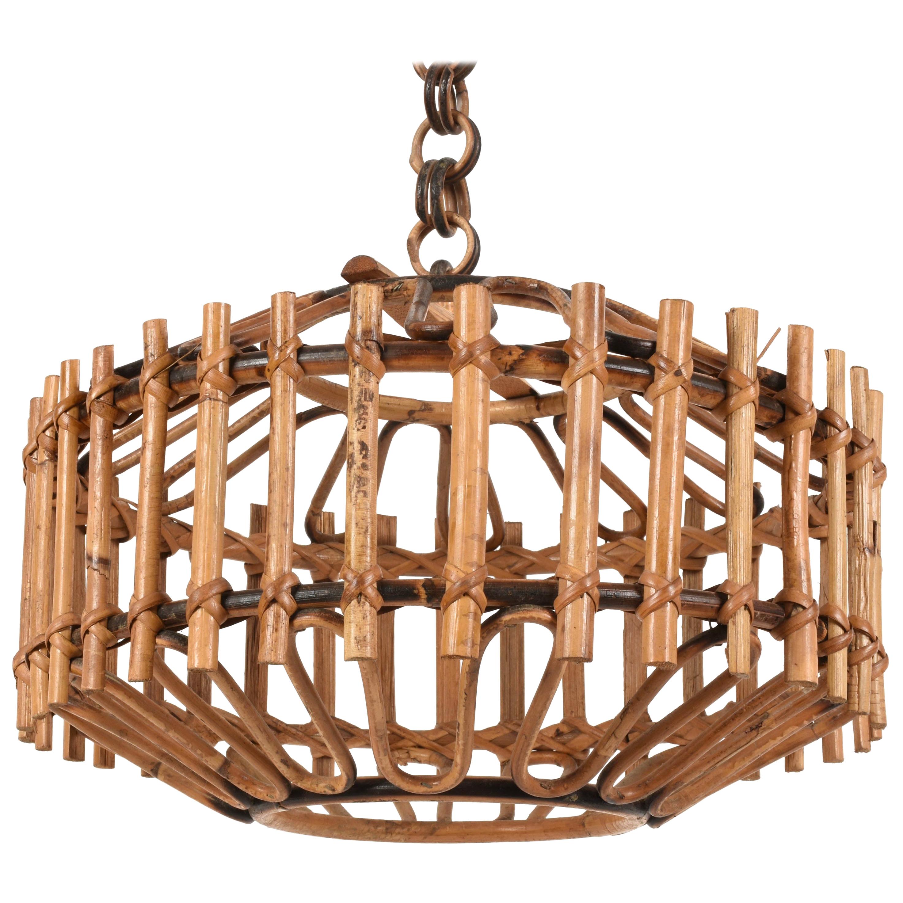 Midcentury French Riviera Bambo and Rattan Italian Chandelier, 1960s