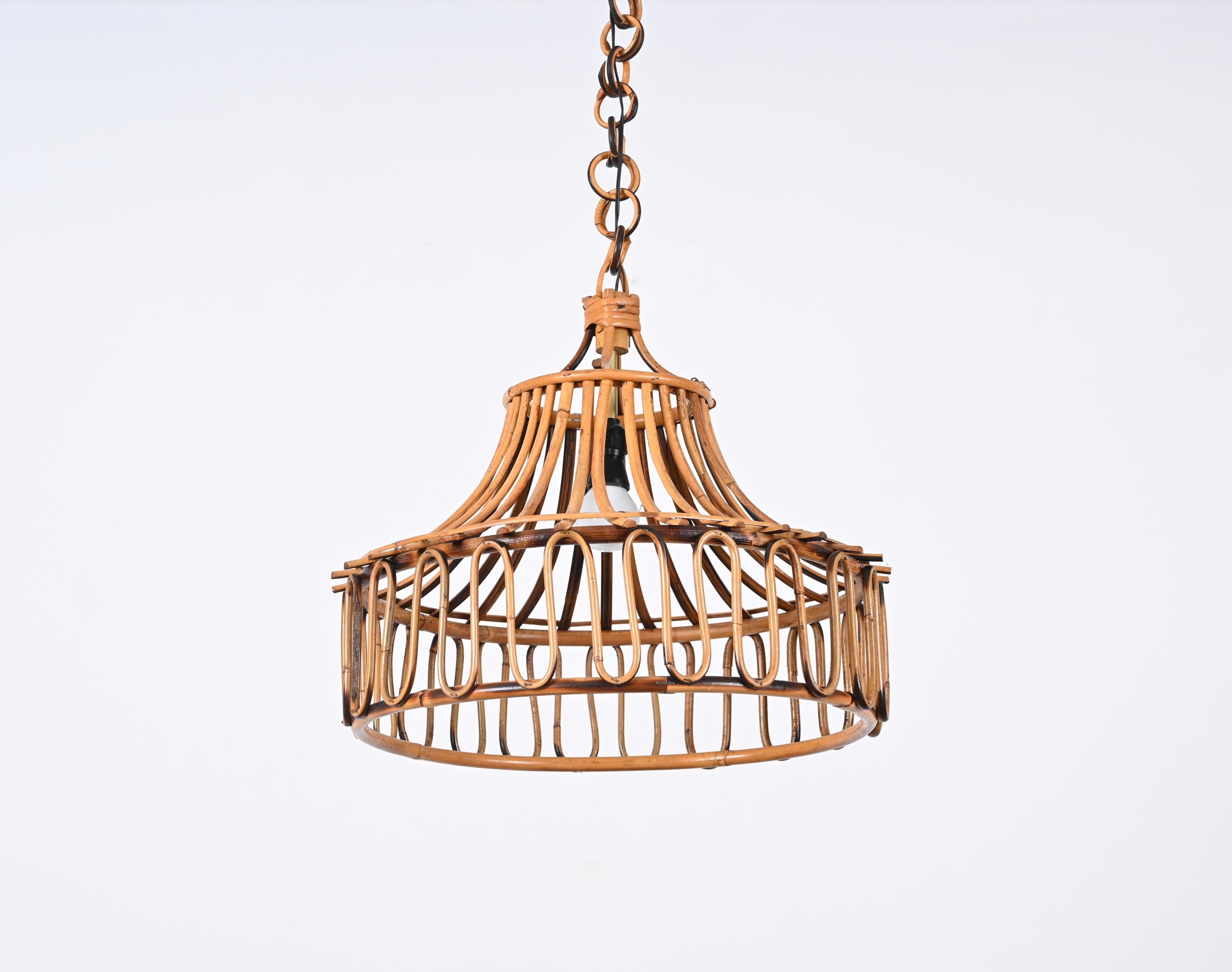 Mid-Century Modern Midcentury French Riviera Bambo and Rattan Round Italian Chandelier, 1960s For Sale