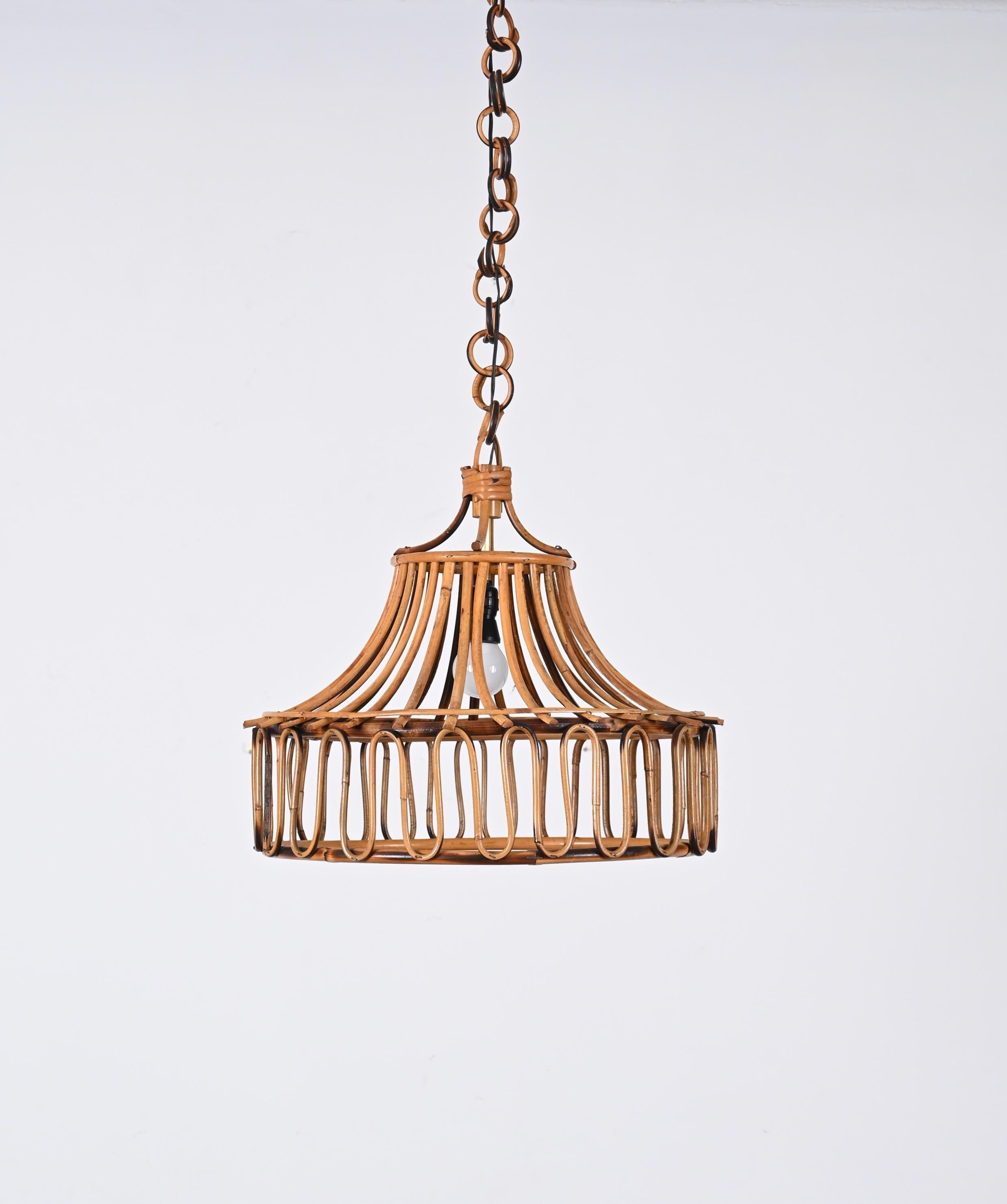 20th Century Midcentury French Riviera Bambo and Rattan Round Italian Chandelier, 1960s For Sale