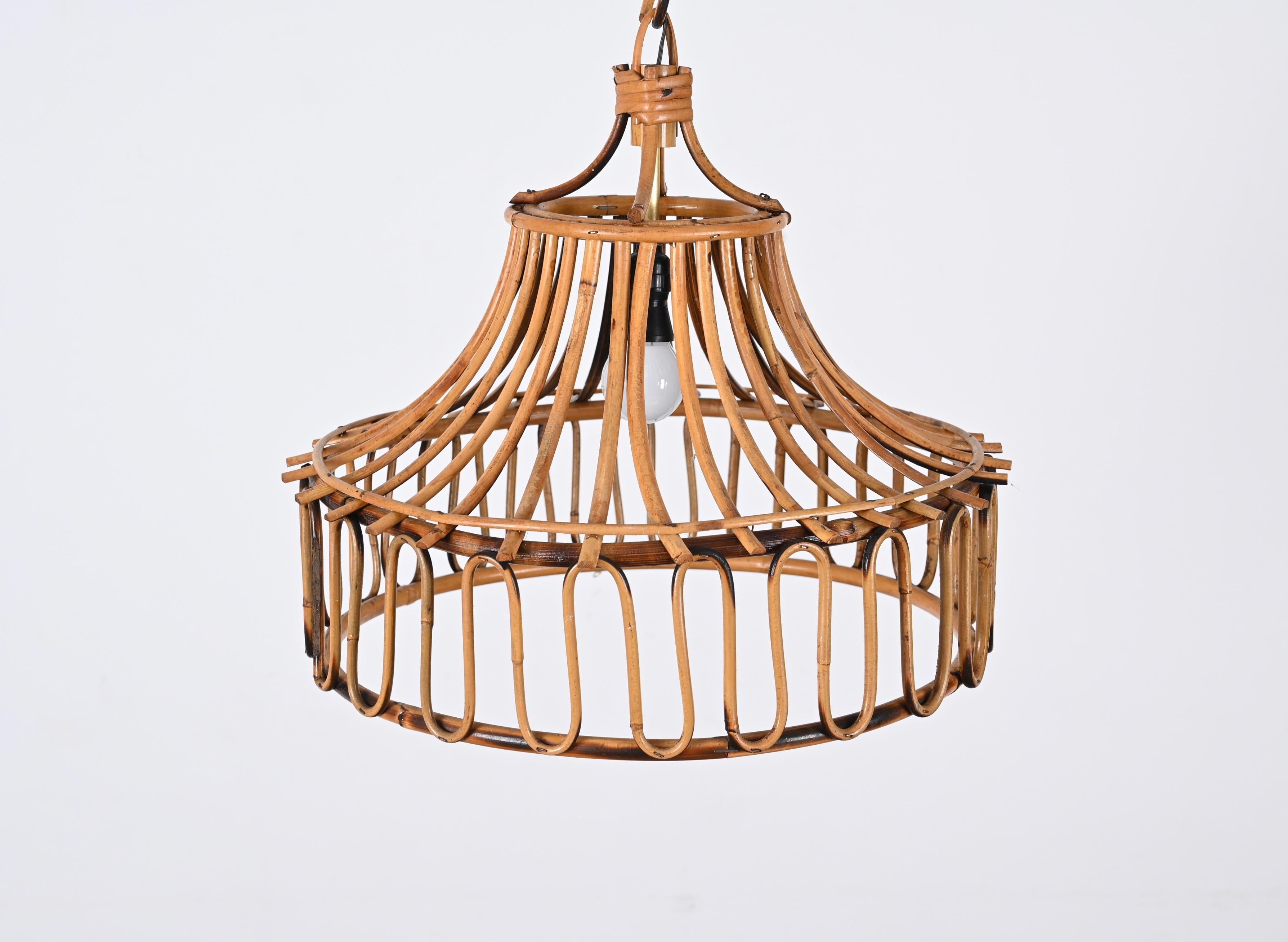 Bamboo Midcentury French Riviera Bambo and Rattan Round Italian Chandelier, 1960s For Sale