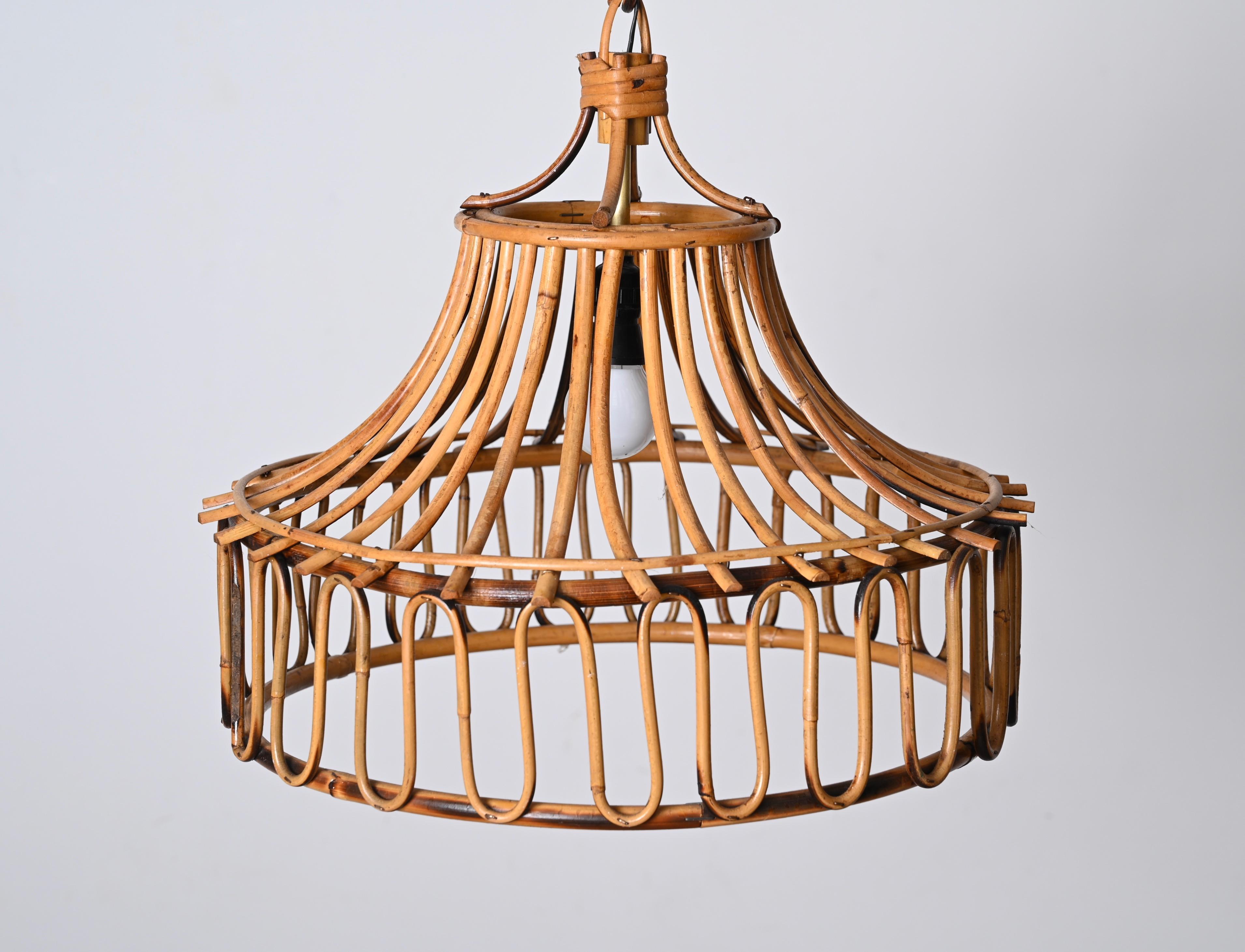 Midcentury French Riviera Bambo and Rattan Round Italian Chandelier, 1960s For Sale 1