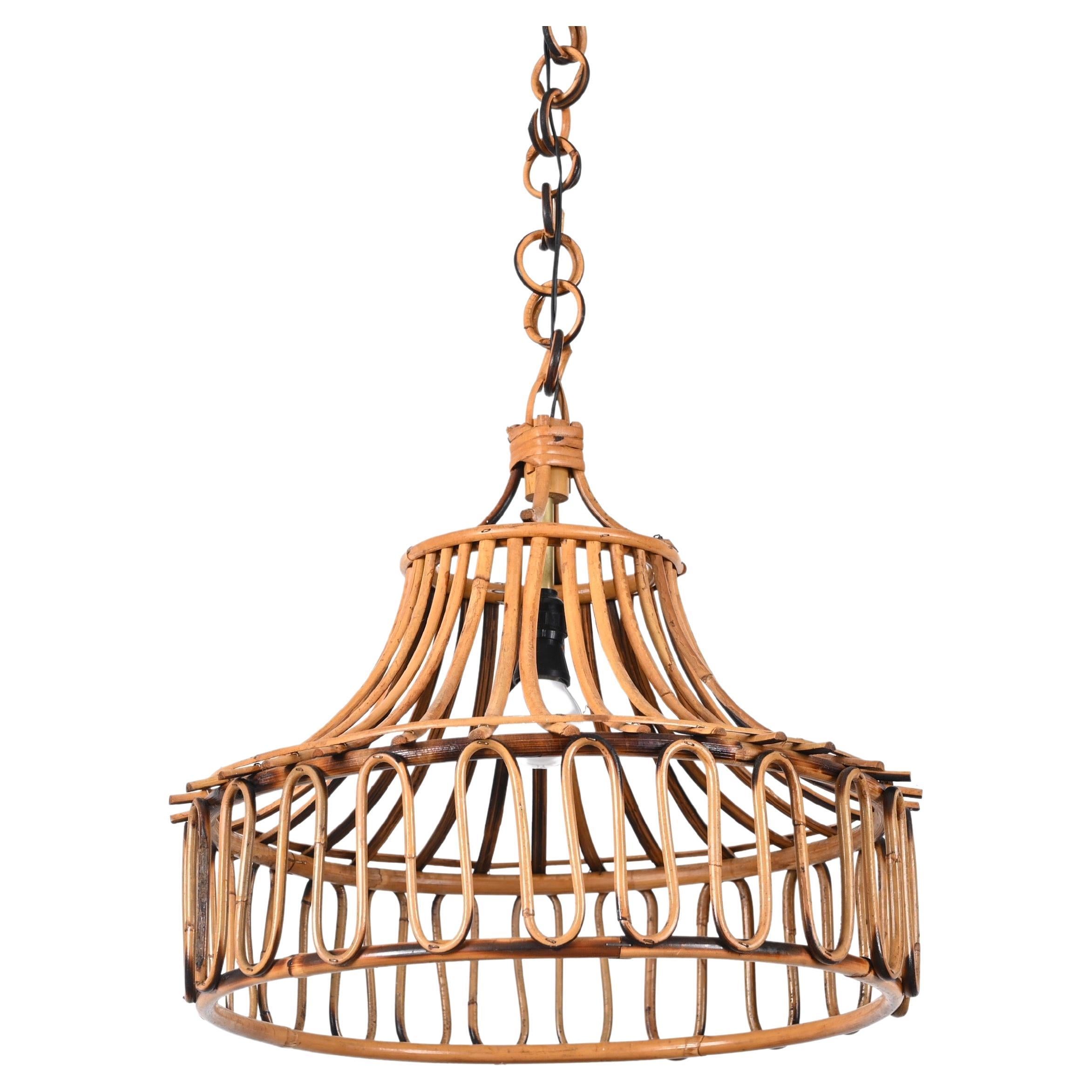 Midcentury French Riviera Bambo and Rattan Round Italian Chandelier, 1960s For Sale