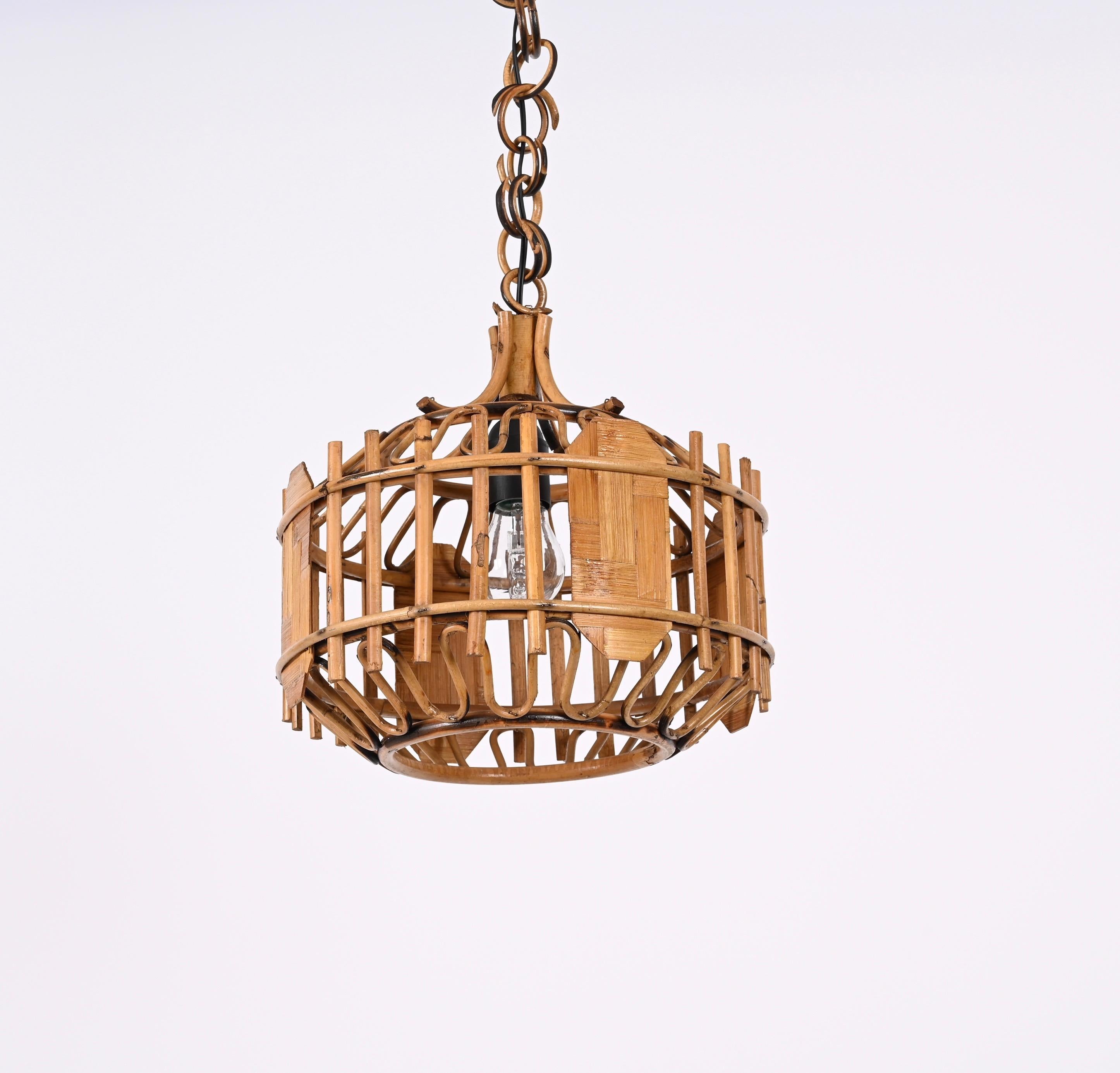 Midcentury French Riviera Bambo and Rattan Rounded Italian Chandelier, 1960s For Sale 5