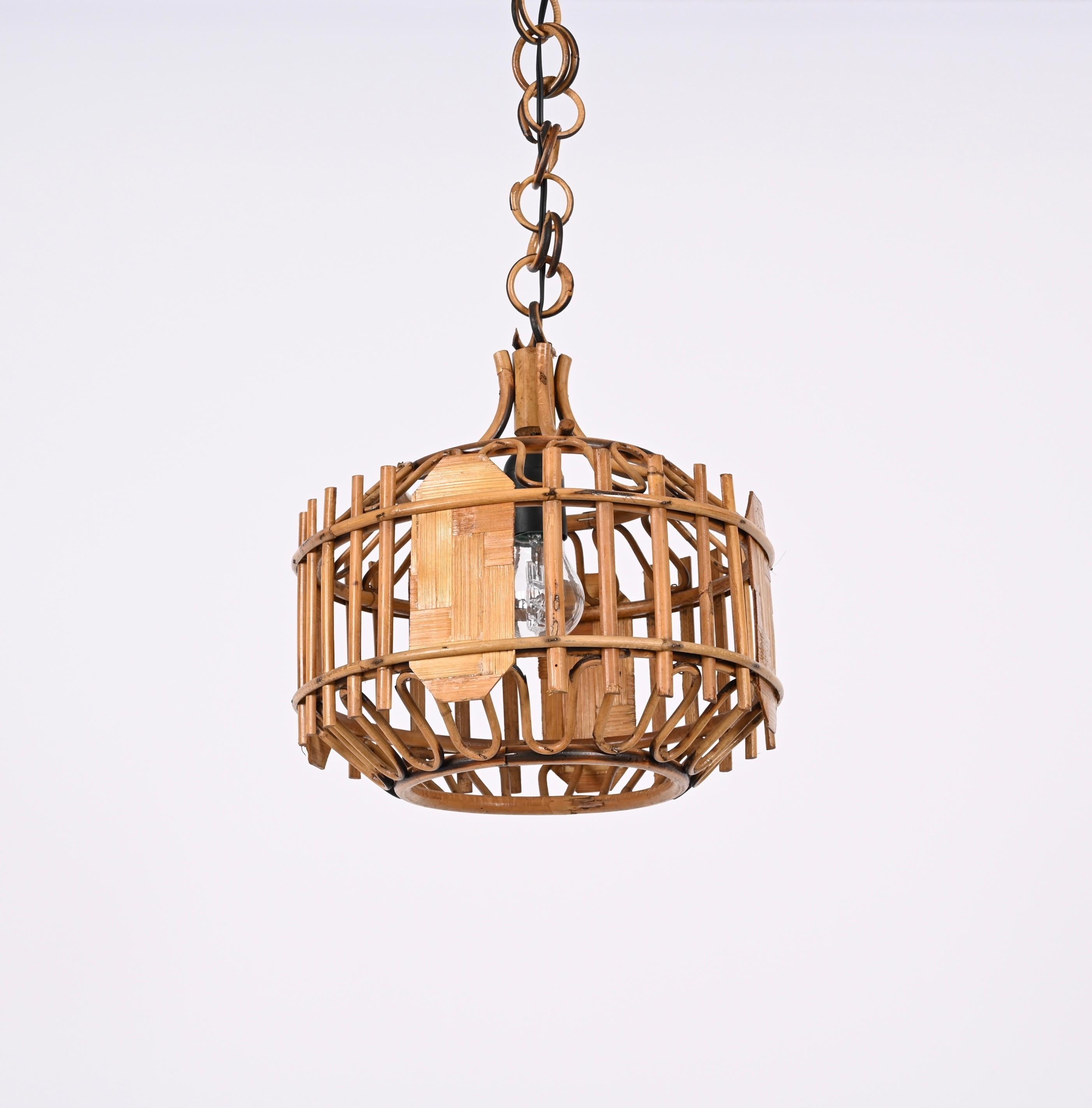 Midcentury French Riviera Bambo and Rattan Rounded Italian Chandelier, 1960s For Sale 6