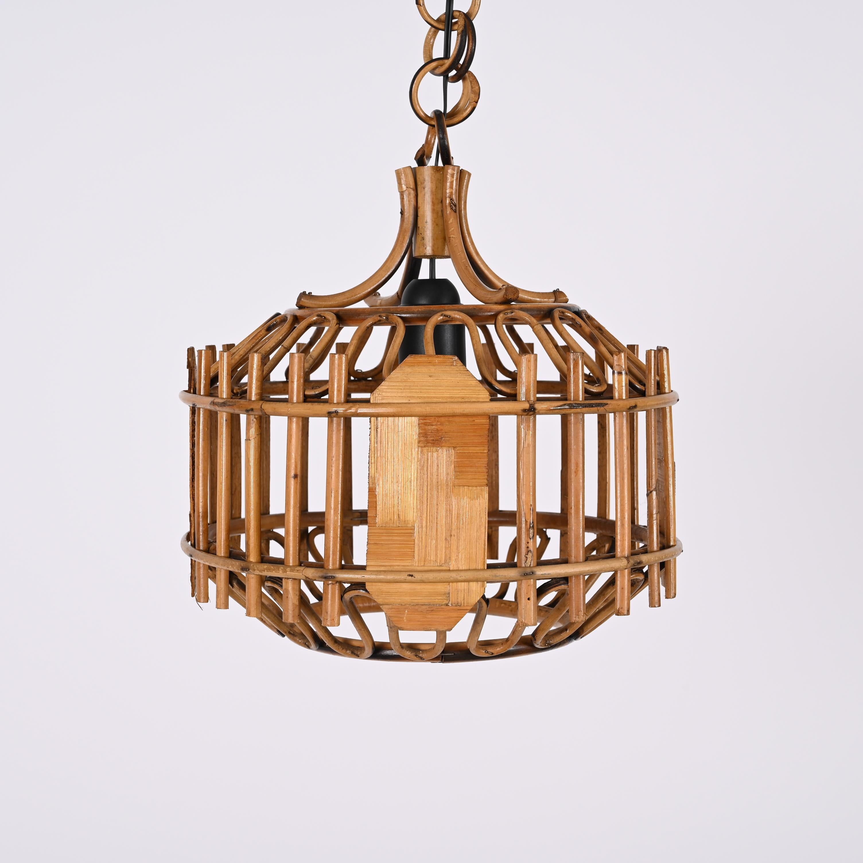 Midcentury French Riviera Bambo and Rattan Rounded Italian Chandelier, 1960s For Sale 8