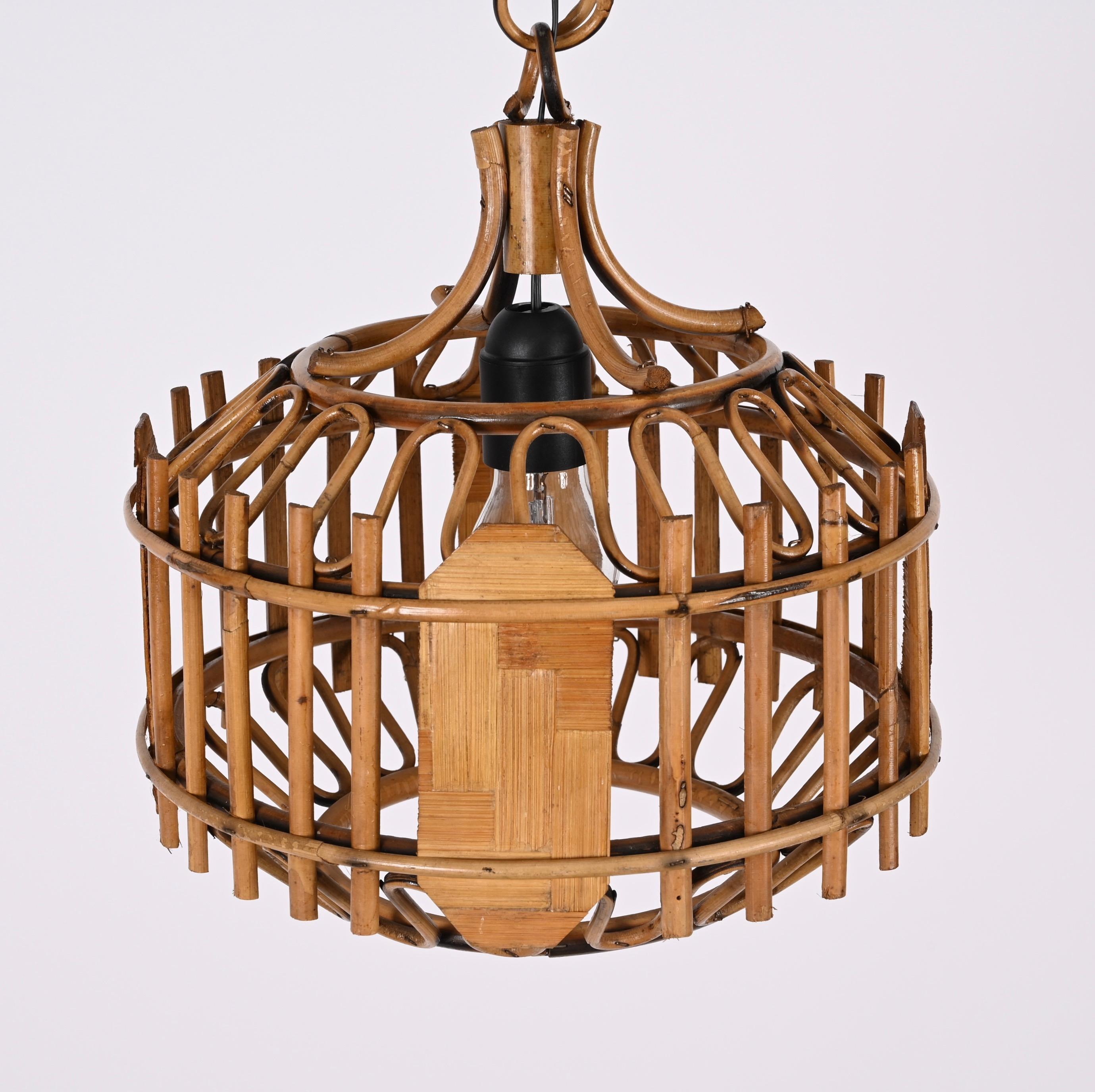 Midcentury French Riviera Bambo and Rattan Rounded Italian Chandelier, 1960s For Sale 9