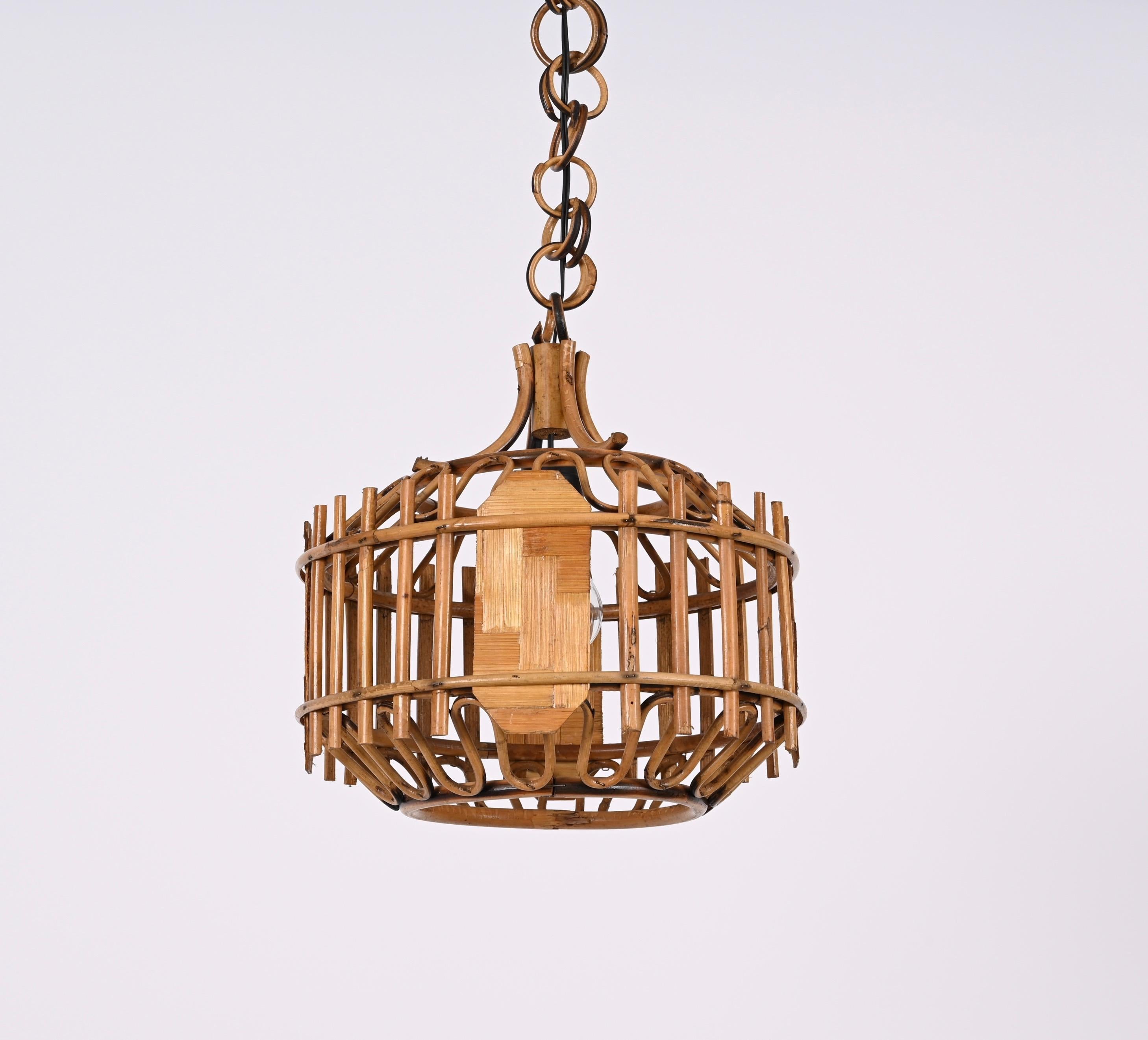 Midcentury French Riviera Bambo and Rattan Rounded Italian Chandelier, 1960s For Sale 10